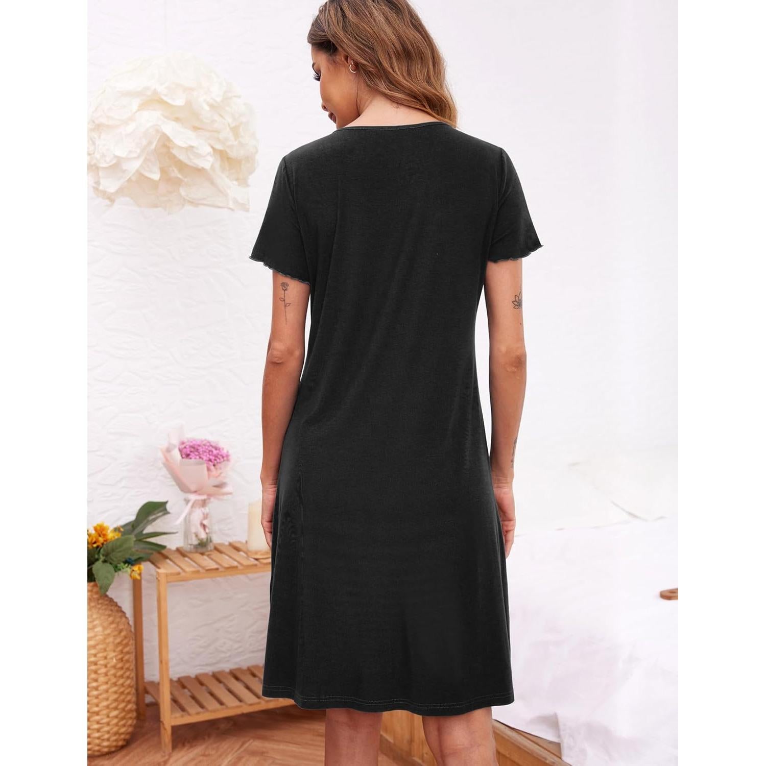 Camisón de Mujer Ekouaer Manga Corta Viscosa Negro