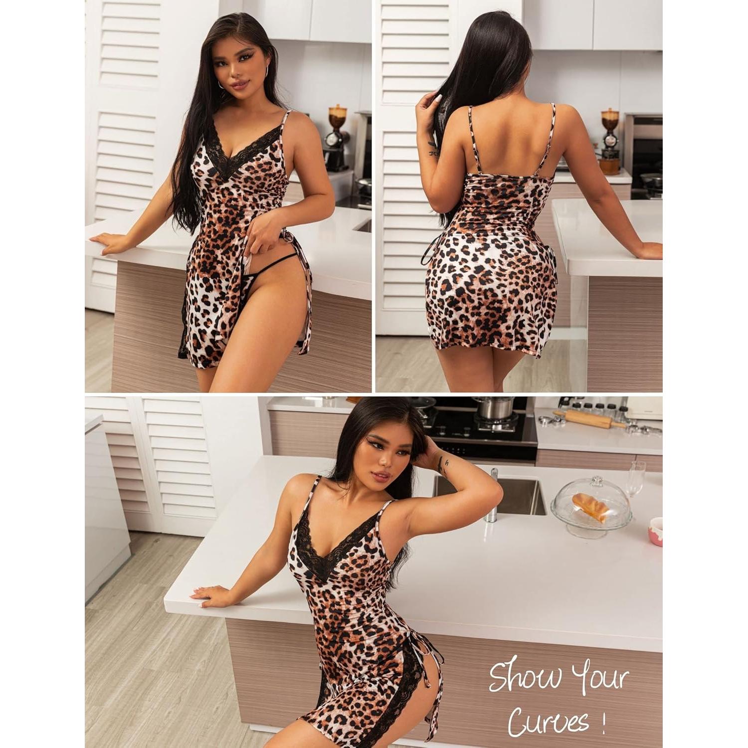 Camisón Sexy Avidlove de Seda con Encaje y Tanga - X Grande