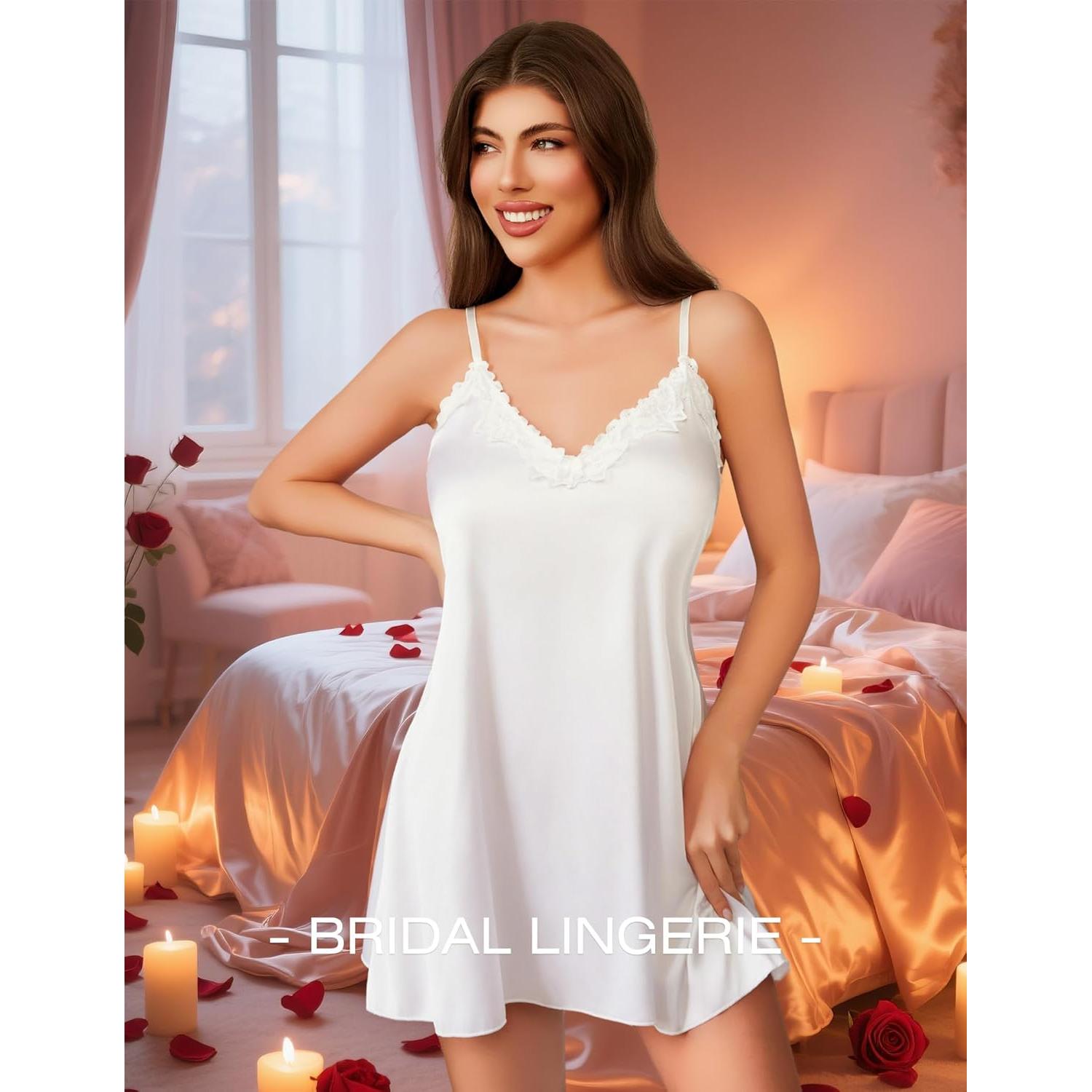 Vestido de Dormir Sexy de Satén con Encaje Blanco para Mujer