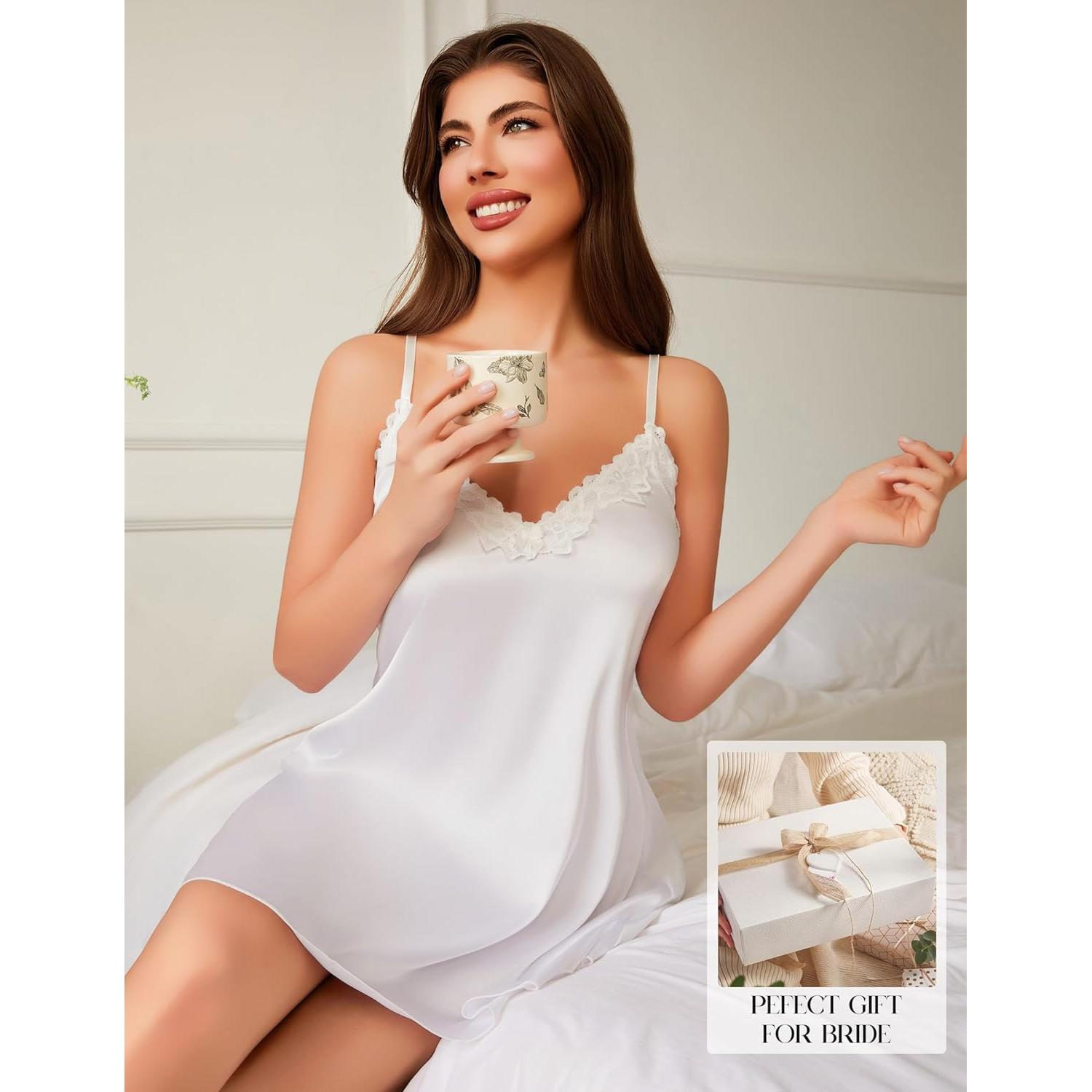Vestido de Dormir Sexy de Satén con Encaje Blanco para Mujer