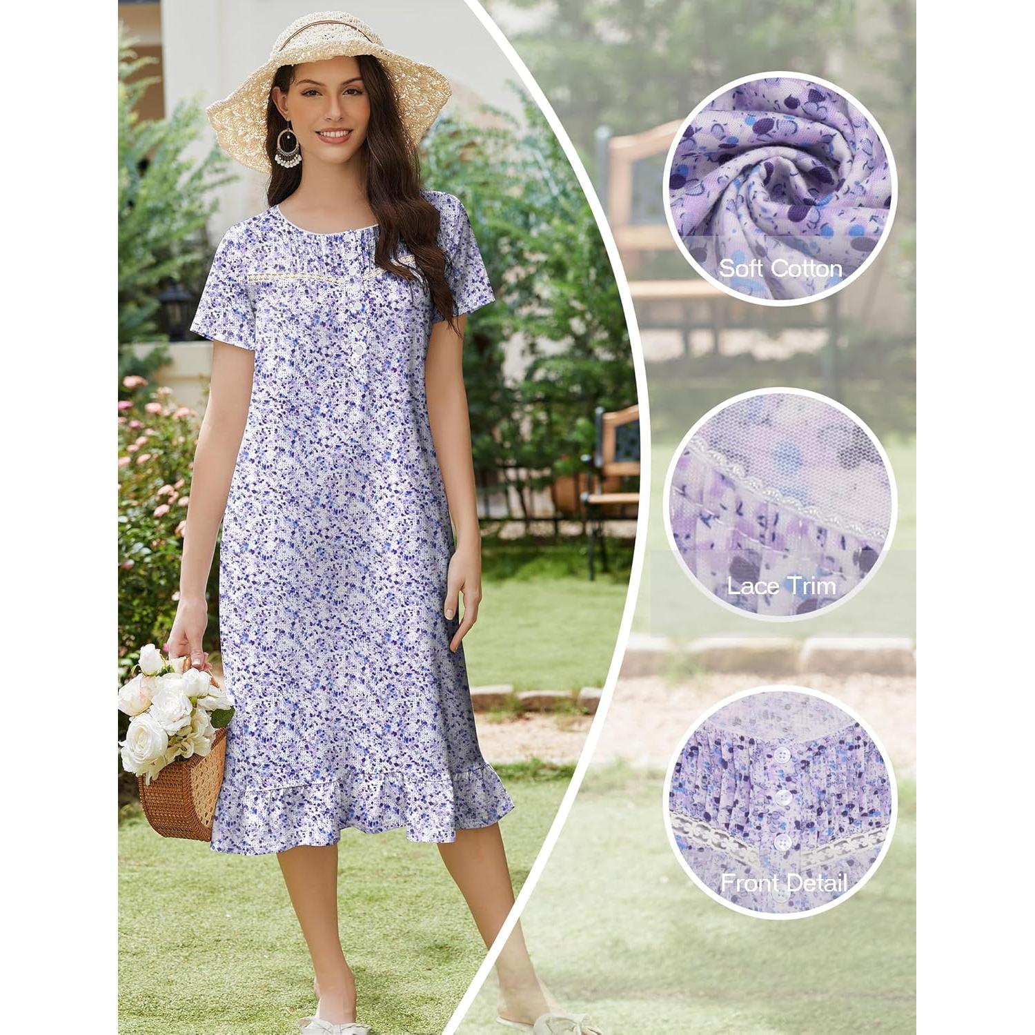 Camisón de Algodón Ekouaer para Mujeres con Botones y Bolsillos