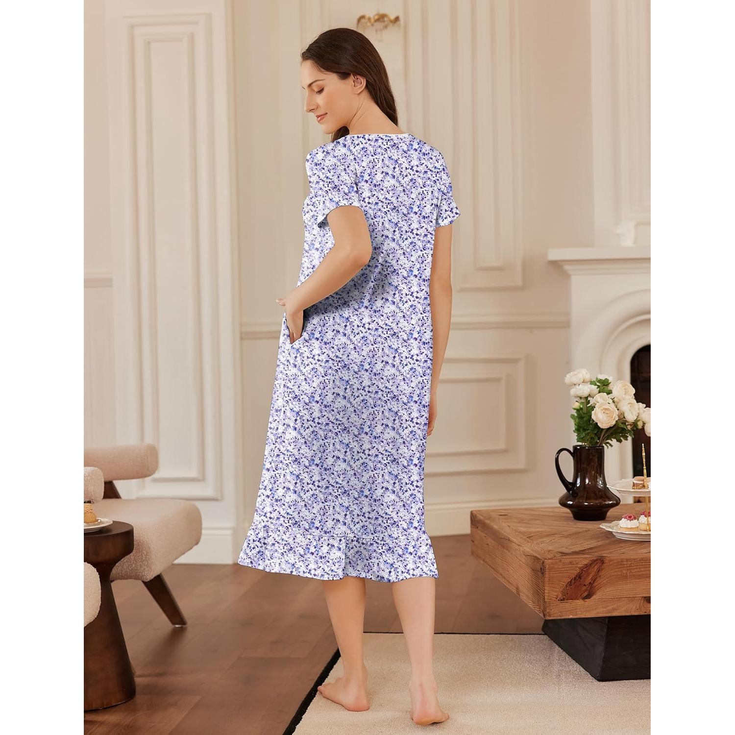 Camisón de Algodón Ekouaer para Mujeres con Botones y Bolsillos