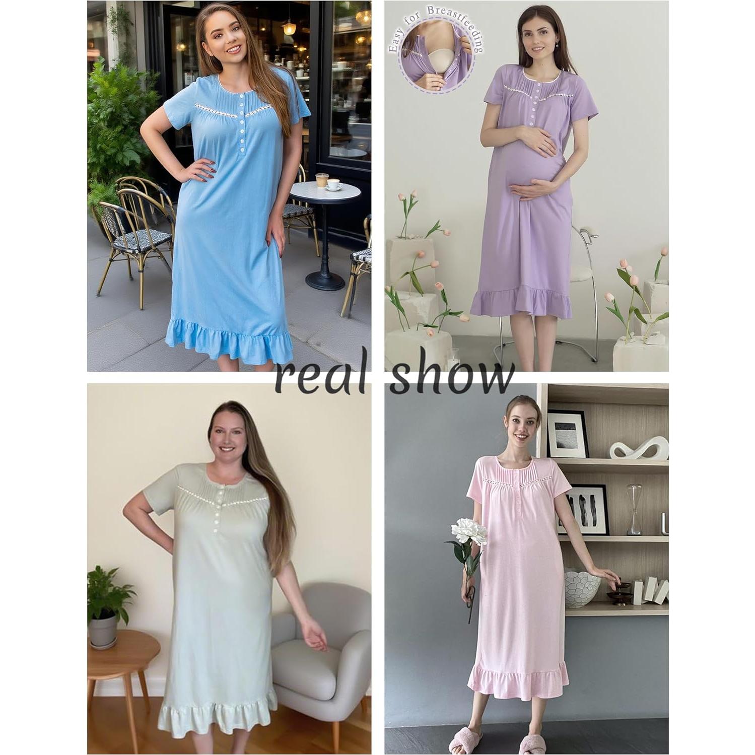 Camisón de Algodón Ekouaer para Mujeres con Botones y Bolsillos