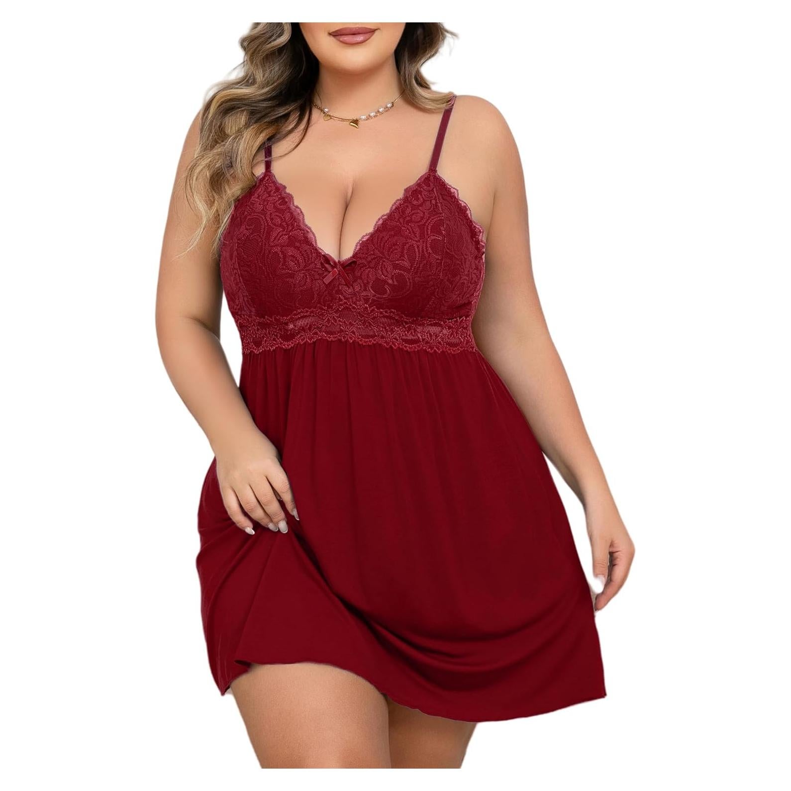 Lencería Babydoll de Encaje Rojo Talla Grande para Mujeres