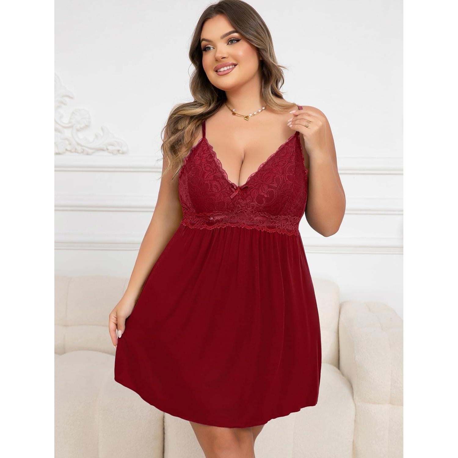 Lencería Babydoll de Encaje Rojo Talla Grande para Mujeres
