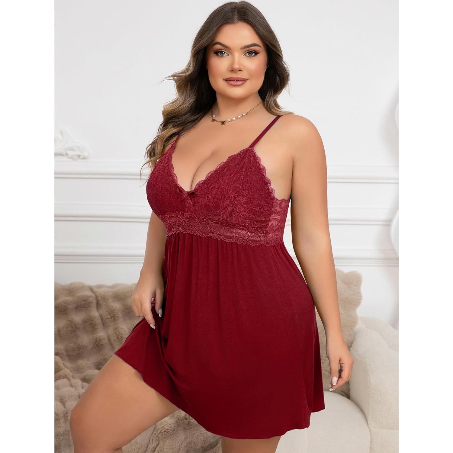 Lencería Babydoll de Encaje Rojo Talla Grande para Mujeres