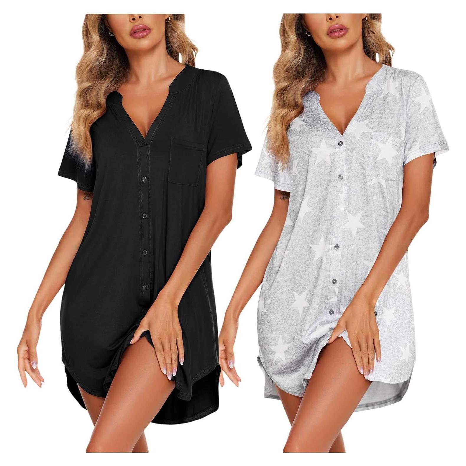 Camisones para Mujeres Ekouaer - 2 Paquetes, Negro y Estrella