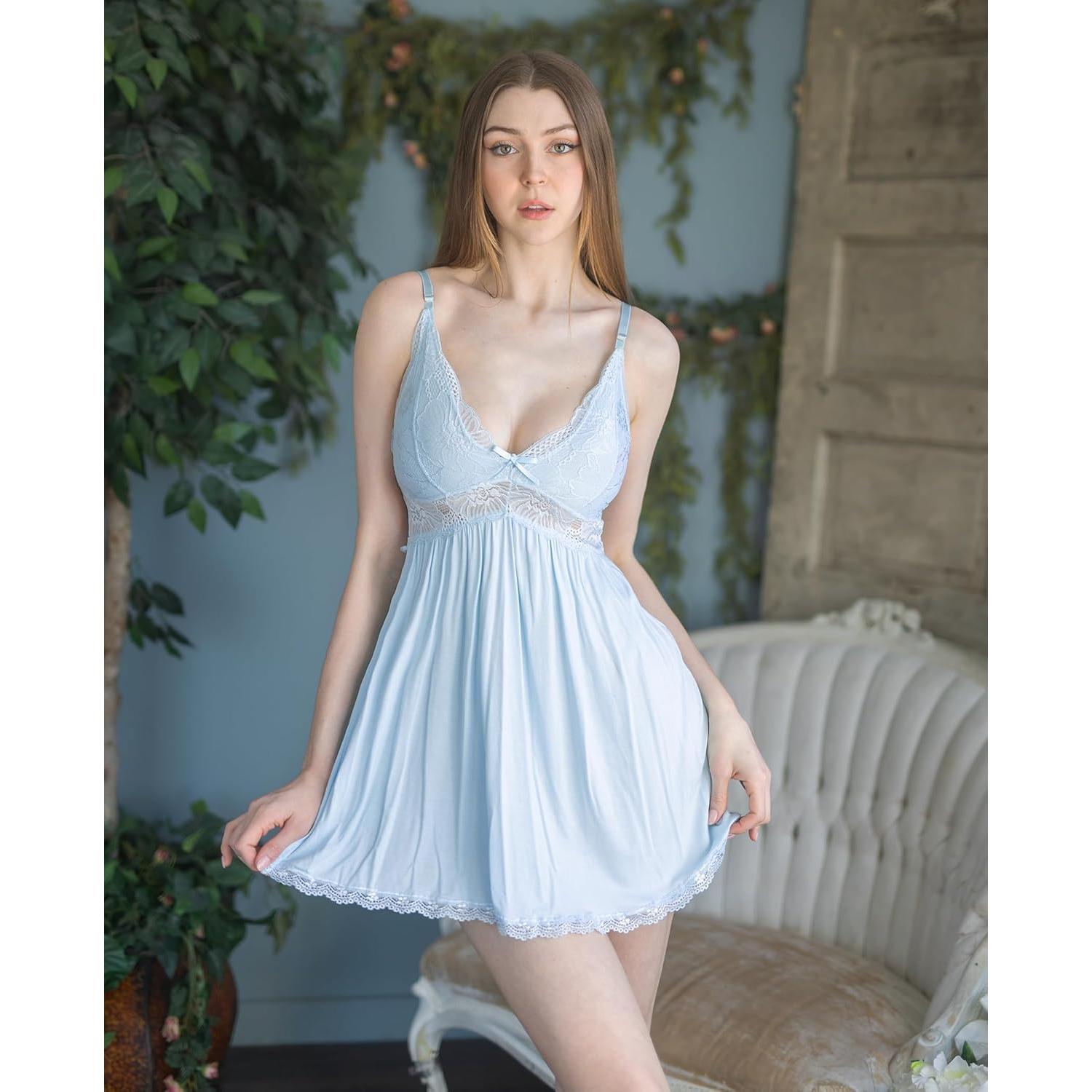 Lencería Sexy Avidlove Babydoll Encaje Modal V-Cuello Azul Claro