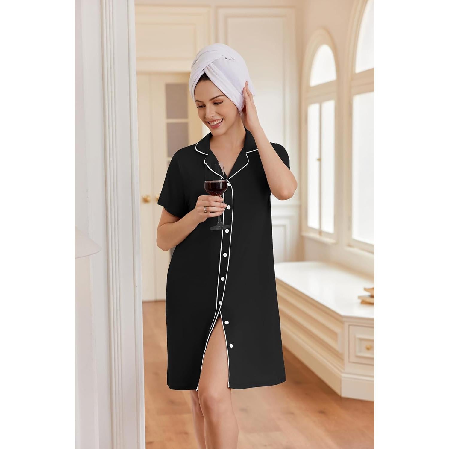 Camisón de Botones Ekouaer para Mujeres - Negro - S-2XL