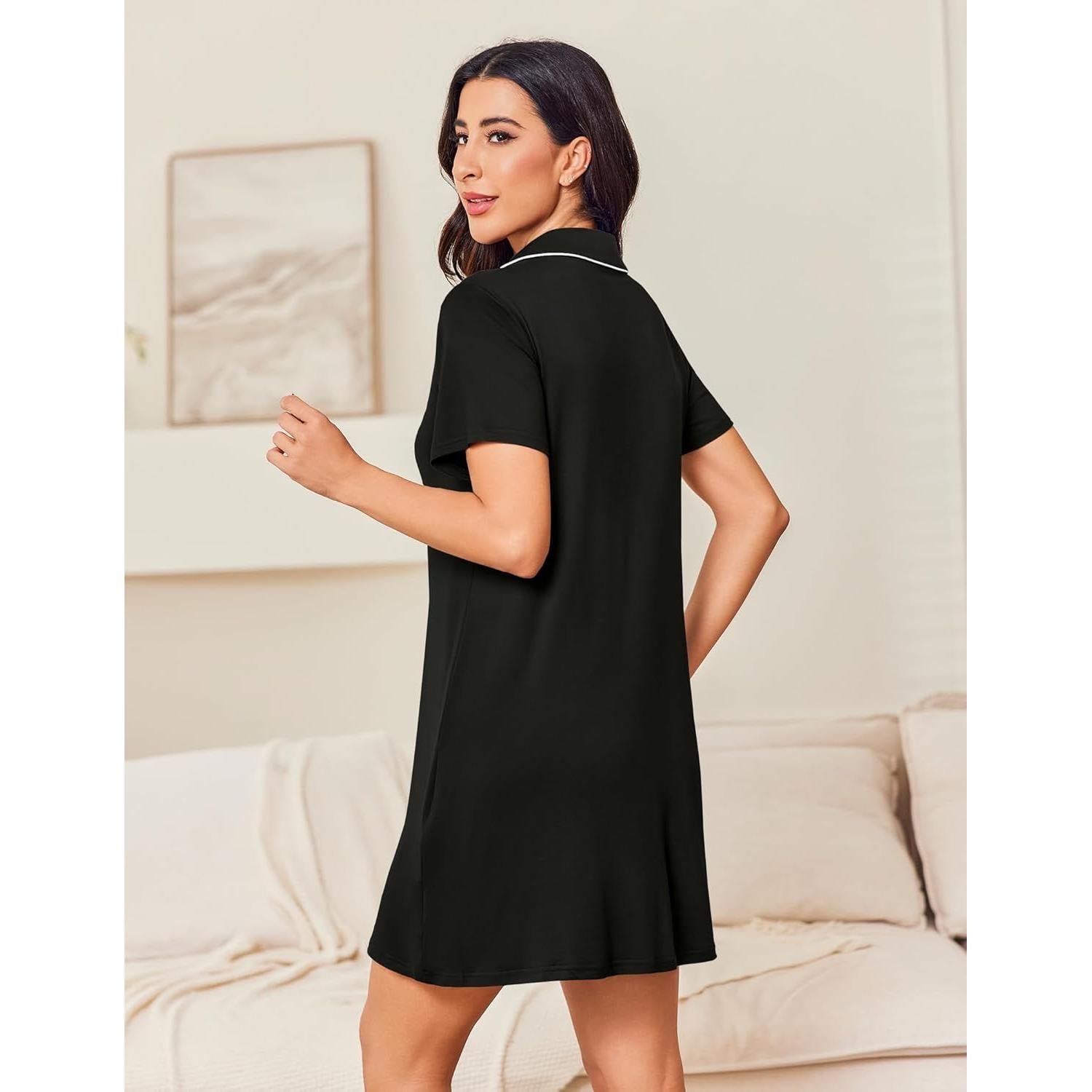 Camisón de Botones Ekouaer para Mujeres - Negro - S-2XL