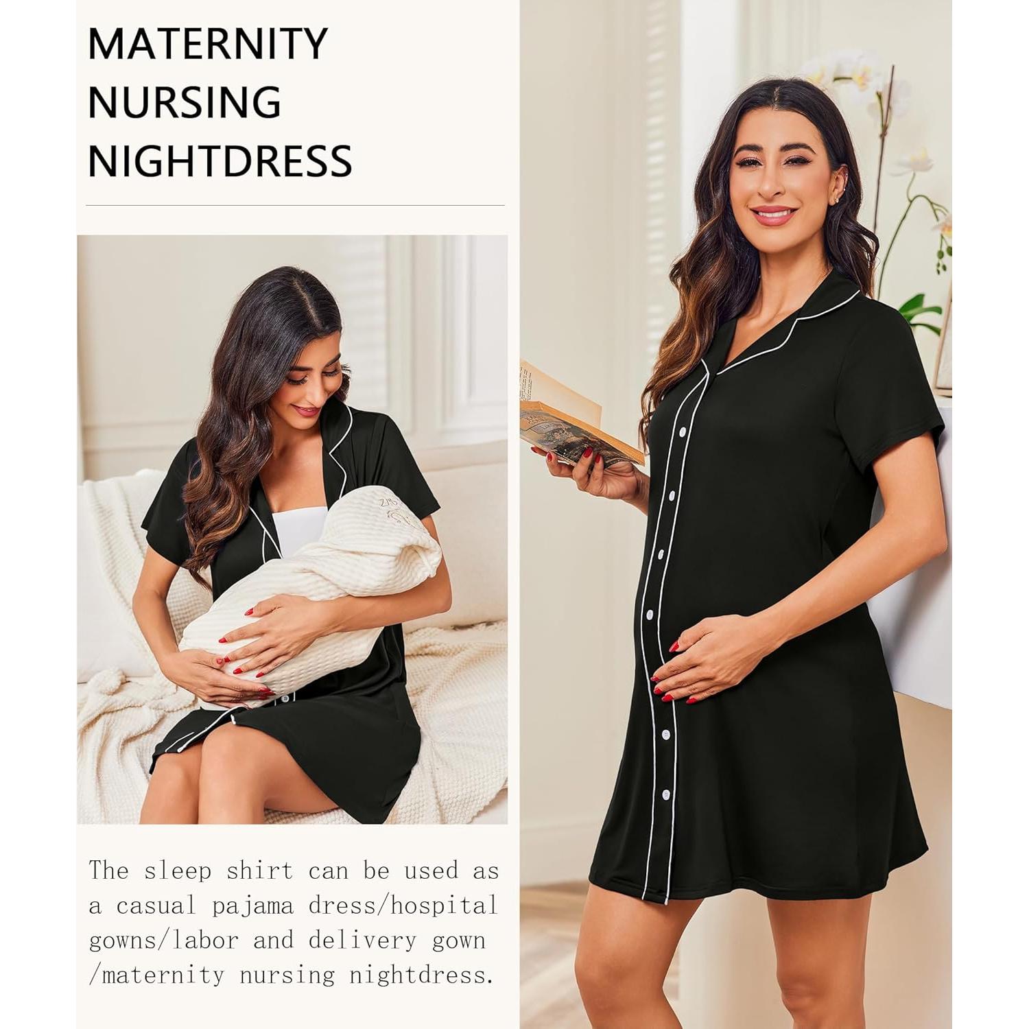 Camisón de Botones Ekouaer para Mujeres - Negro - S-2XL