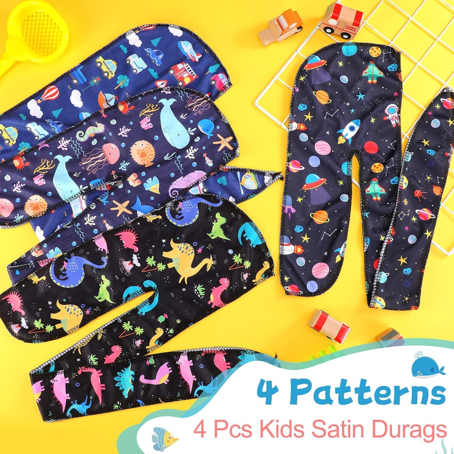 4 Durags de Satén para Bebés Dinosaurio y Espacio 0-6 Años