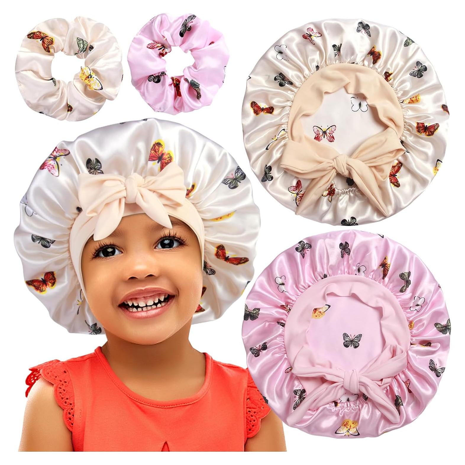 2+2 Satin Bonnets with Scrunchies for Kids, Cute Hair Bonnets for Girls Sleeping Curly Hair, D