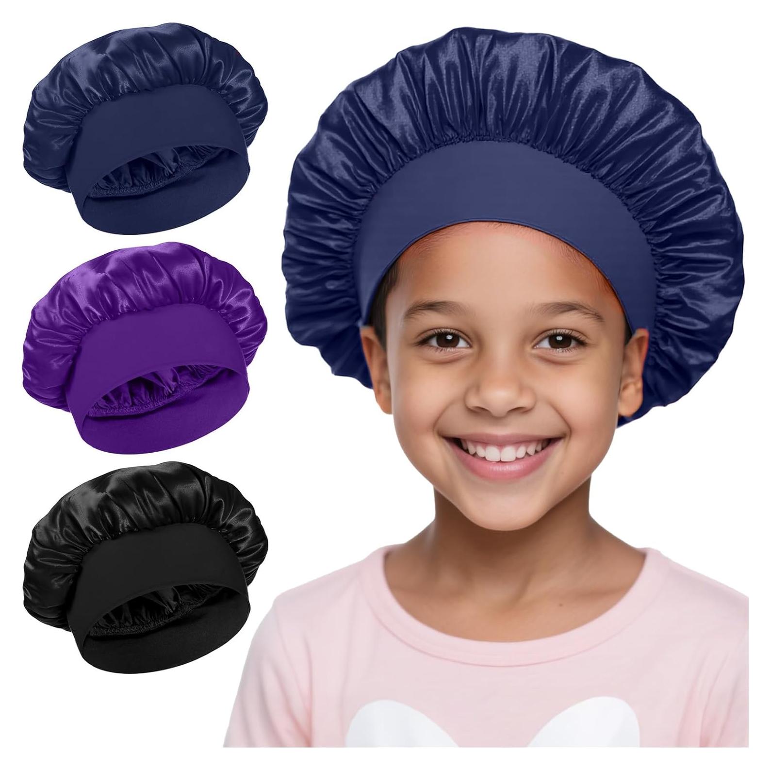 3 Gorras de Sueño Satinadas para Niñas - Negro, Azul, Púrpura