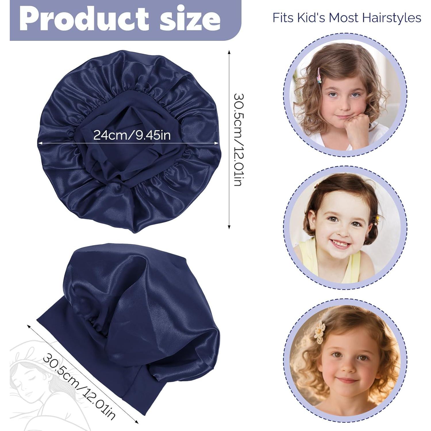 3 Gorras de Sueño Satinadas para Niñas - Negro, Azul, Púrpura