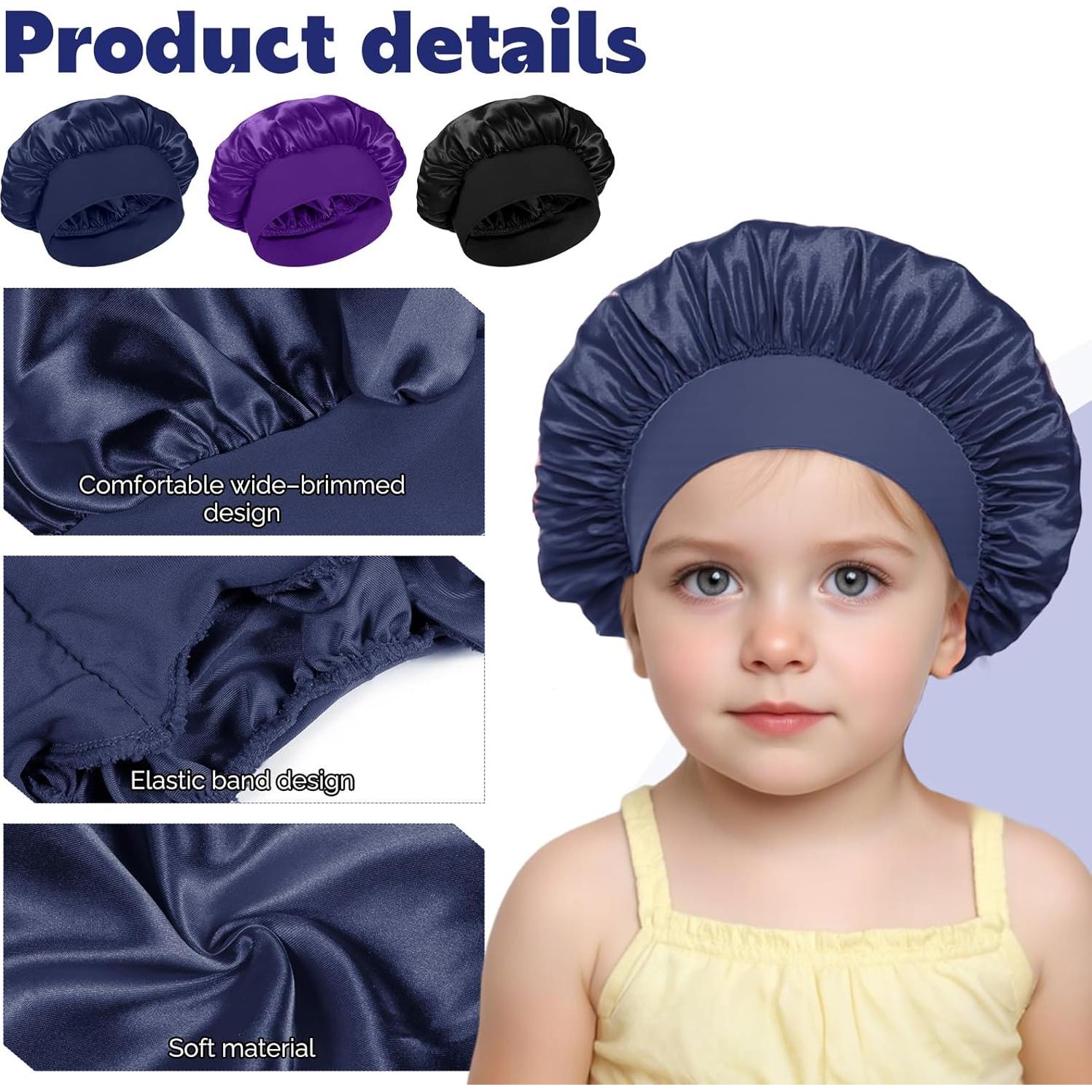 3 Gorras de Sueño Satinadas para Niñas - Negro, Azul, Púrpura