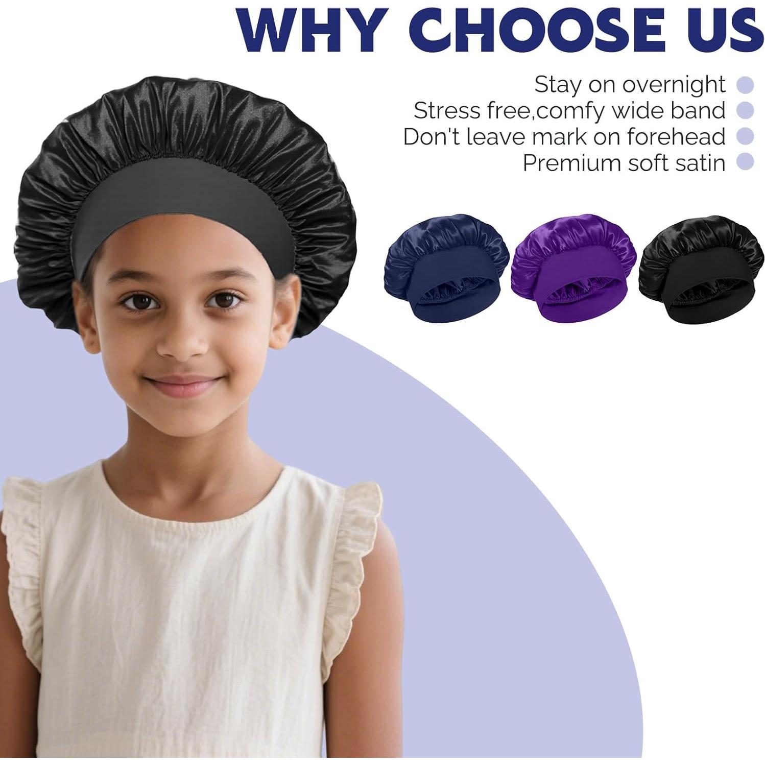 3 Gorras de Sueño Satinadas para Niñas - Negro, Azul, Púrpura