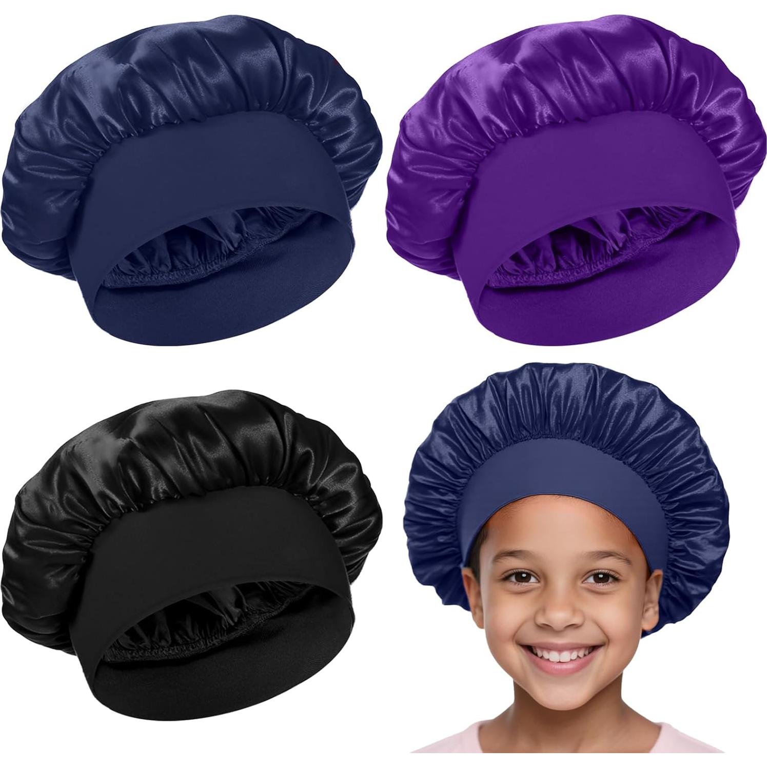 3 Gorras de Sueño Satinadas para Niñas - Negro, Azul, Púrpura