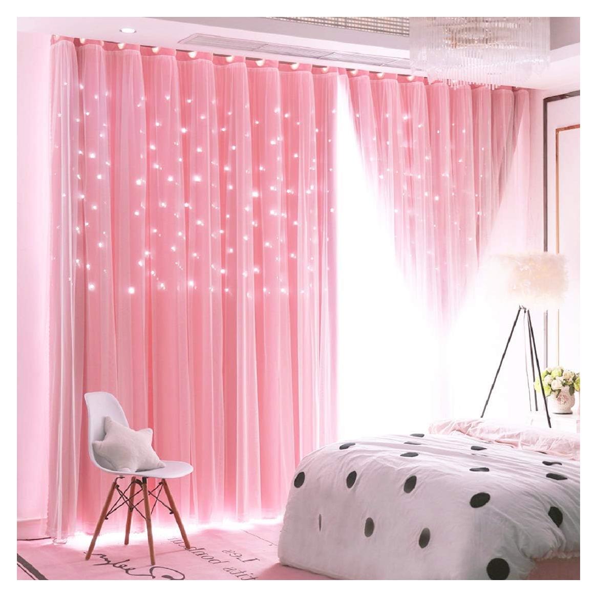 Cortinas Opacas Doble Capa UNISTAR 86x213 cm Rosa Estrellas