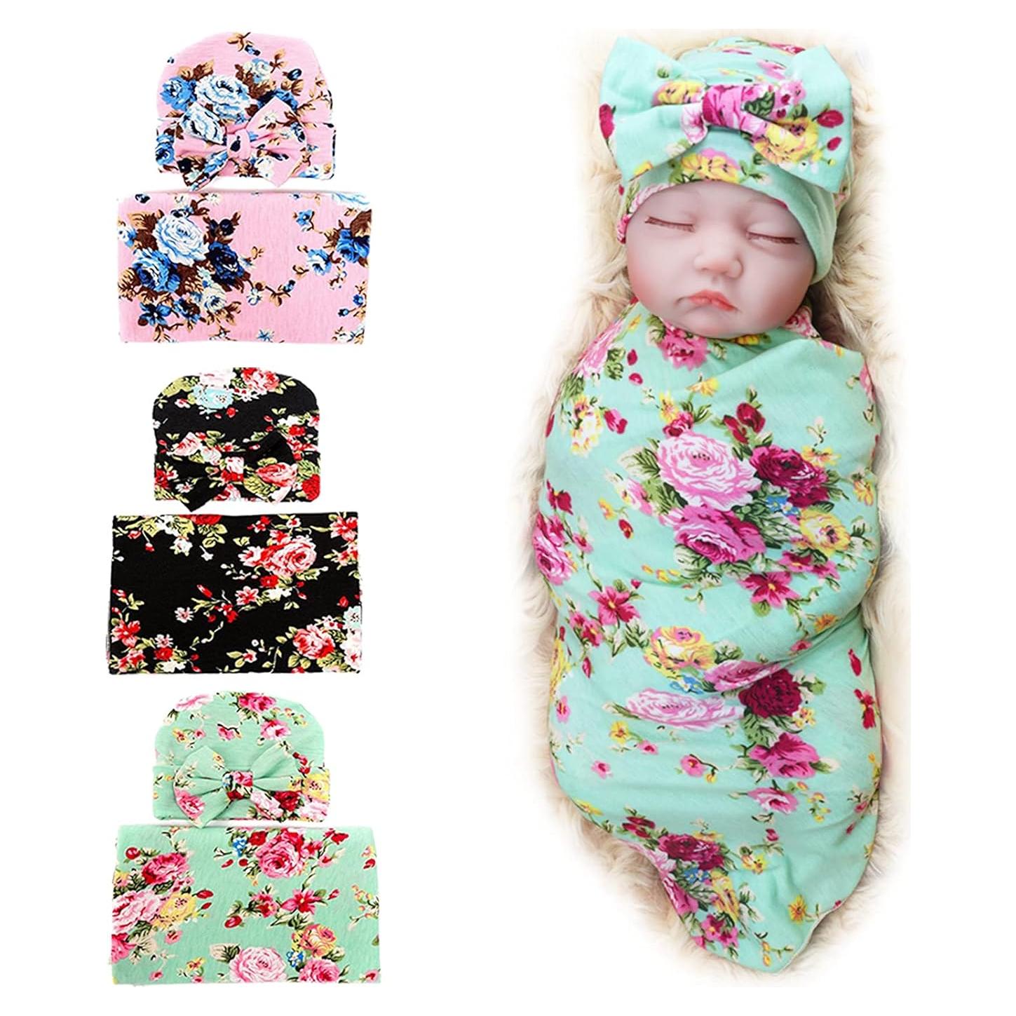 DRESHOW Manta de Recepción Floral para Bebé + 3 Sombreros