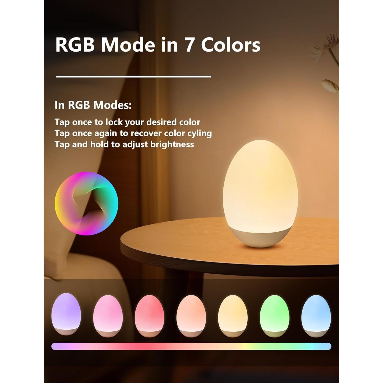 Luz Nocturna LED Táctil NICKLUC Huevo 7 Colores Recargable