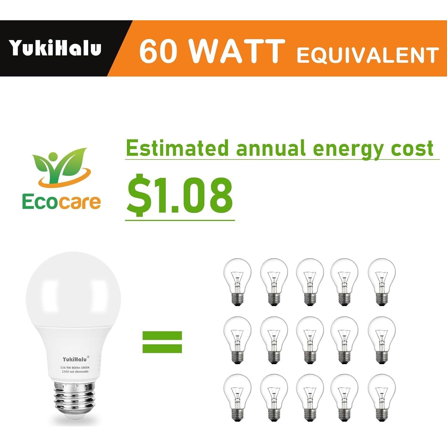 Bombillas LED Ámbar YukiHalu A19 1800K E26 800Lm Paquete de 2