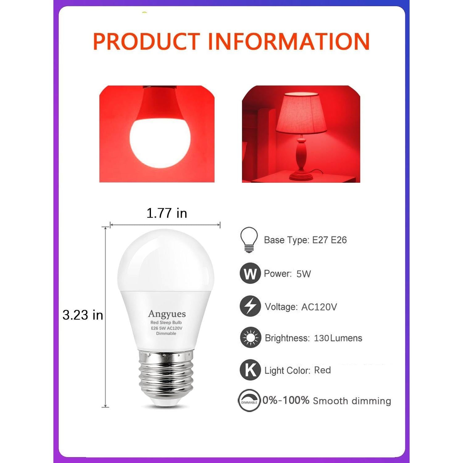 Bombilla LED Roja Regulable Angyues 5W E26 630nm Bloqueo Luz Azul