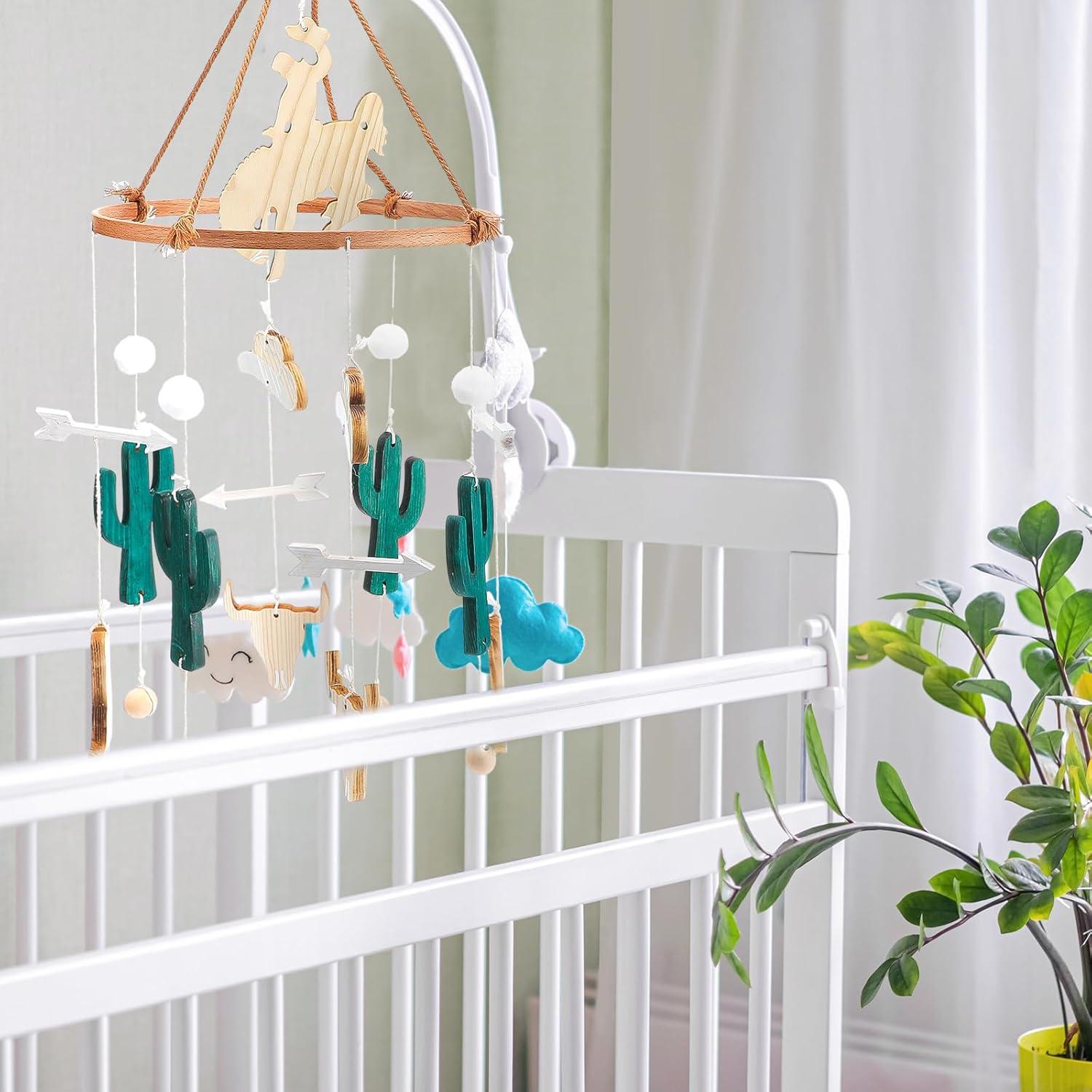 Móvil de cuna vaquero boho de madera con campana - 24x23 cm