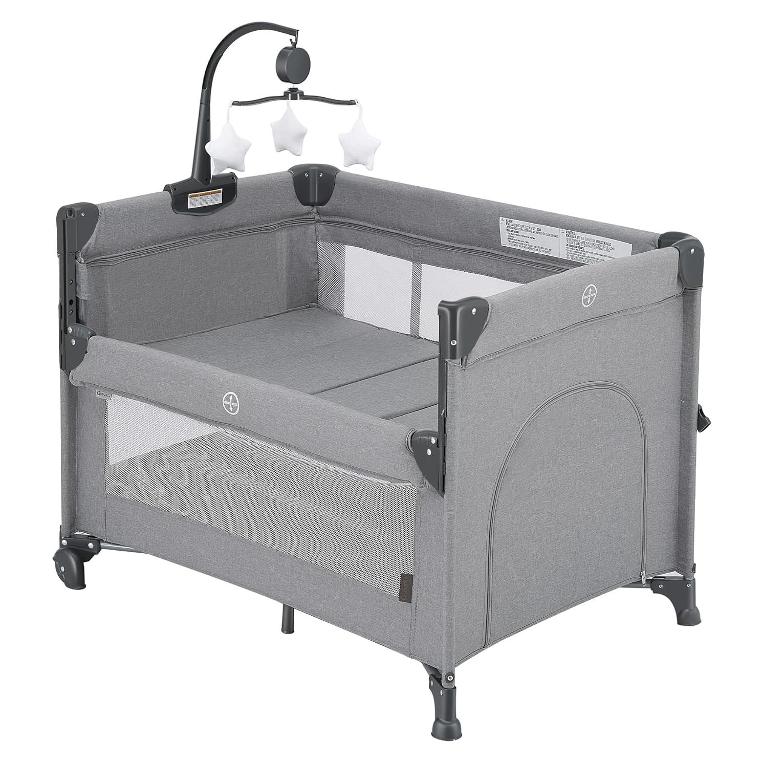 Cuna de Juego 2-en-1 Qutanix Gris Plegable con Móvil Musical