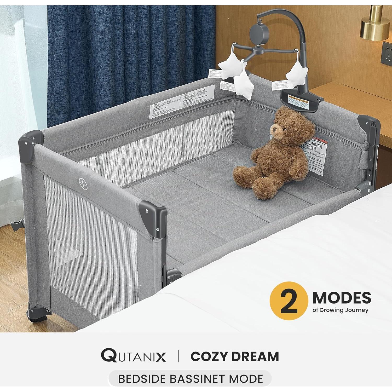 Cuna de Juego 2-en-1 Qutanix Gris Plegable con Móvil Musical