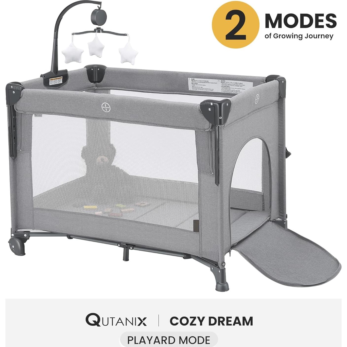 Cuna de Juego 2-en-1 Qutanix Gris Plegable con Móvil Musical