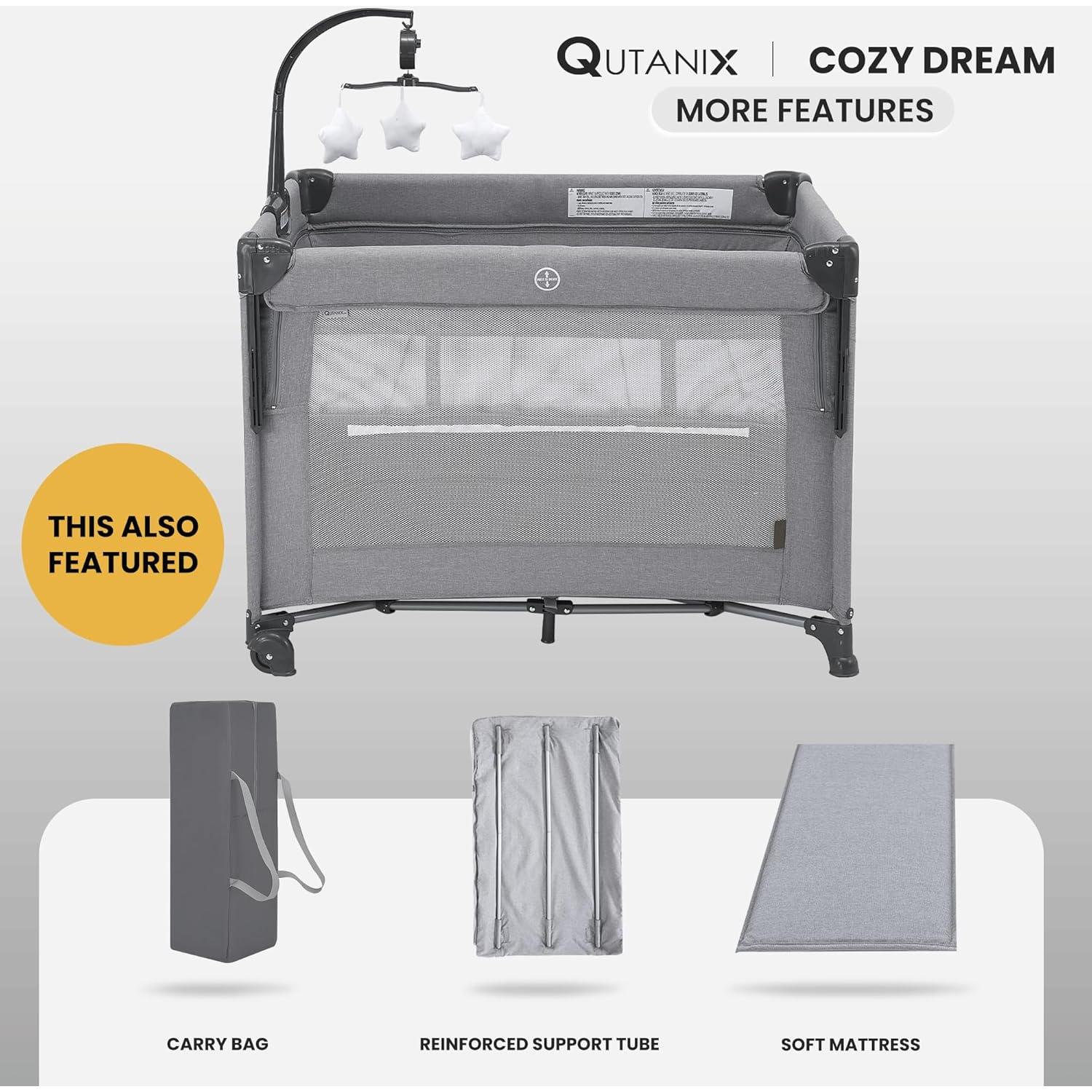 Cuna de Juego 2-en-1 Qutanix Gris Plegable con Móvil Musical