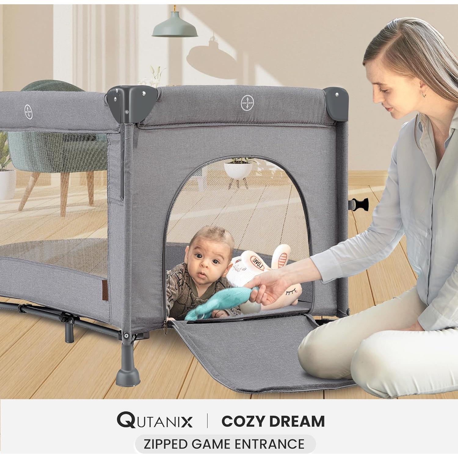 Cuna de Juego 2-en-1 Qutanix Gris Plegable con Móvil Musical