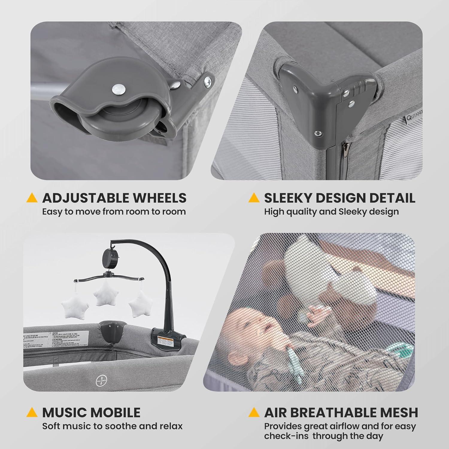 Cuna de Juego 2-en-1 Qutanix Gris Plegable con Móvil Musical