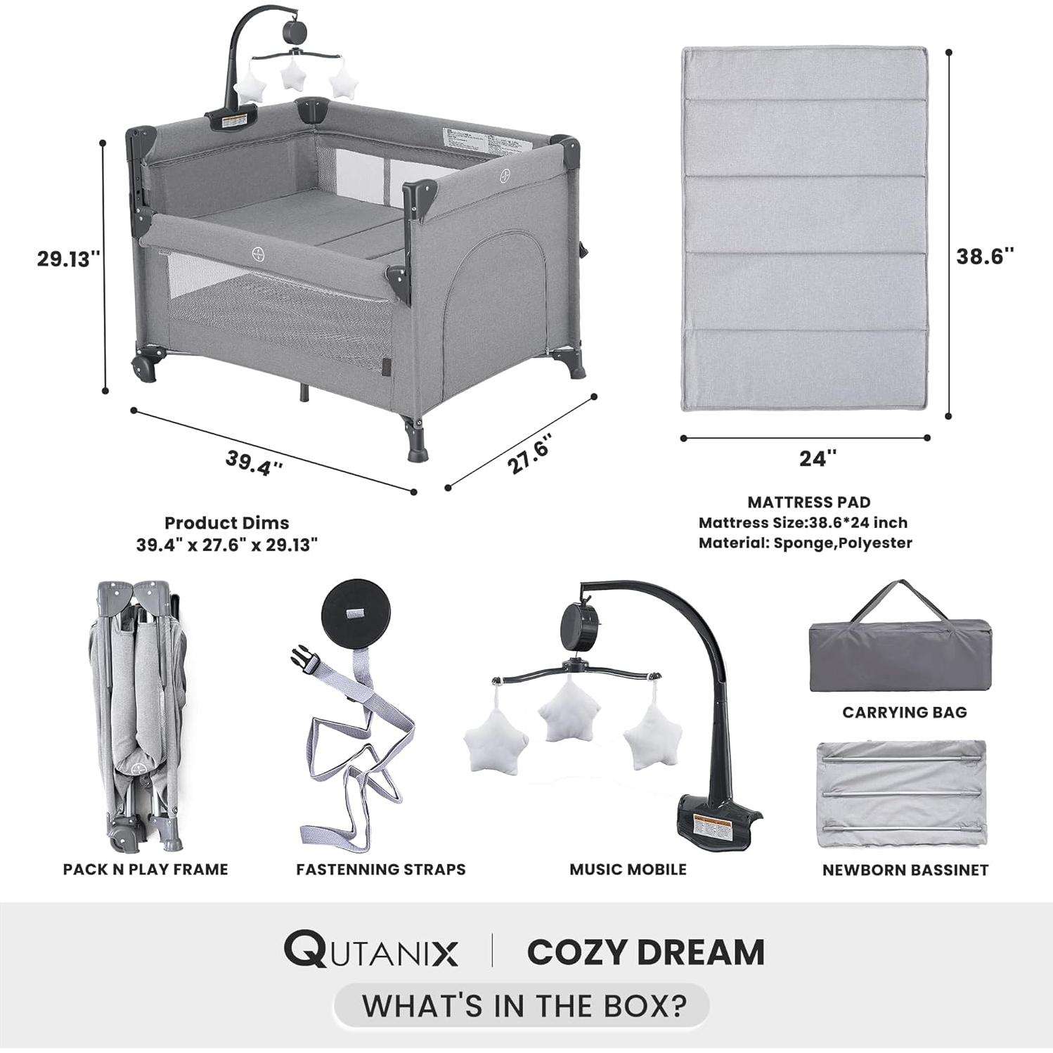 Cuna de Juego 2-en-1 Qutanix Gris Plegable con Móvil Musical