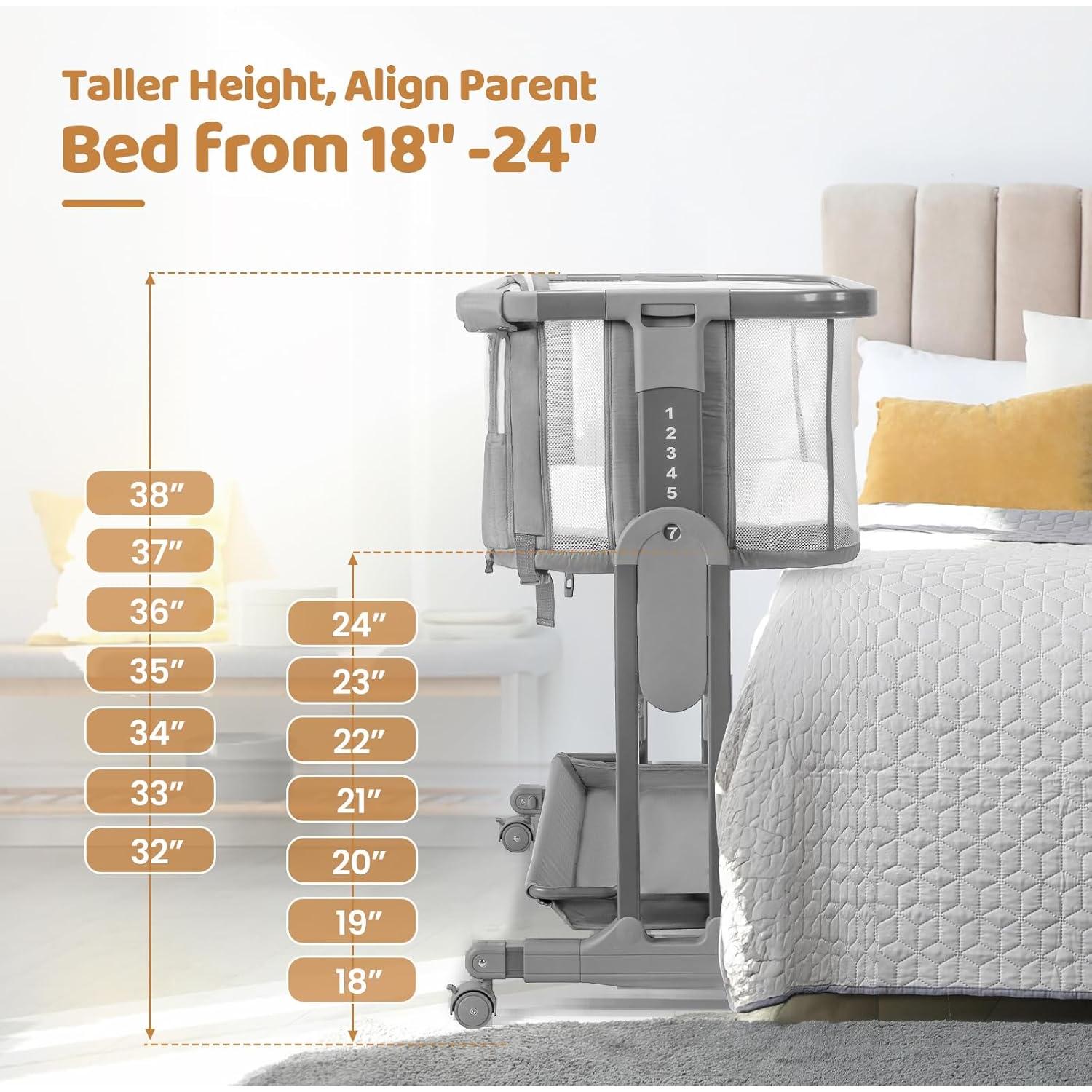 Cuna Lateral JOYMOR 4 en 1 Ajustable 7 Alturas Gris