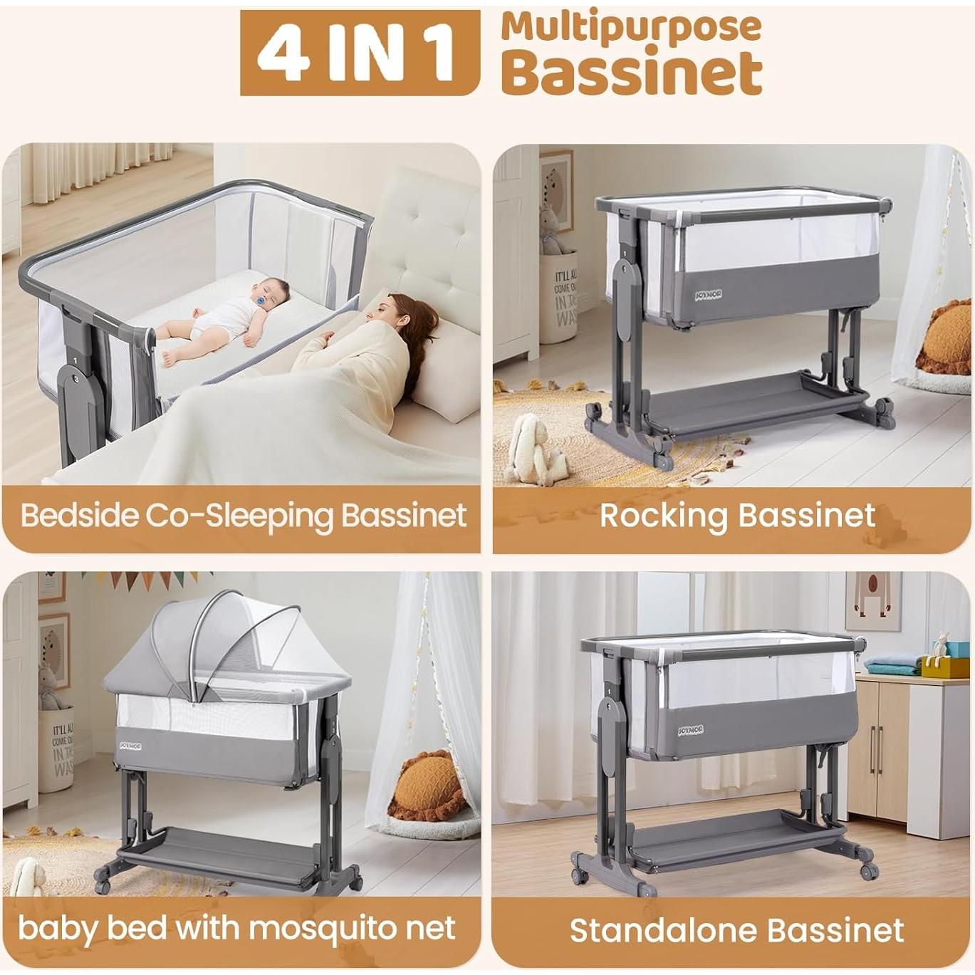 Cuna Lateral JOYMOR 4 en 1 Ajustable 7 Alturas Gris