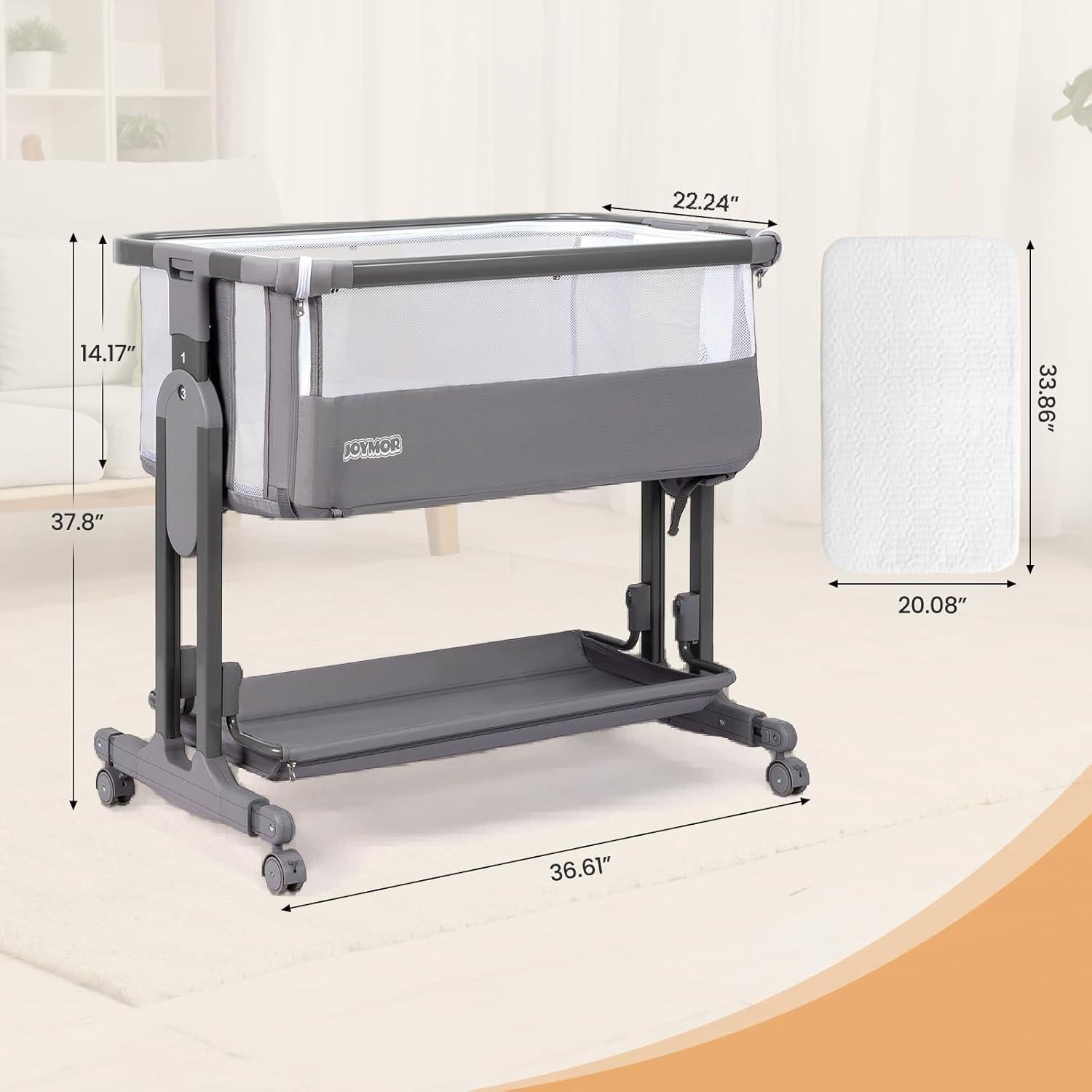 Cuna Lateral JOYMOR 4 en 1 Ajustable 7 Alturas Gris