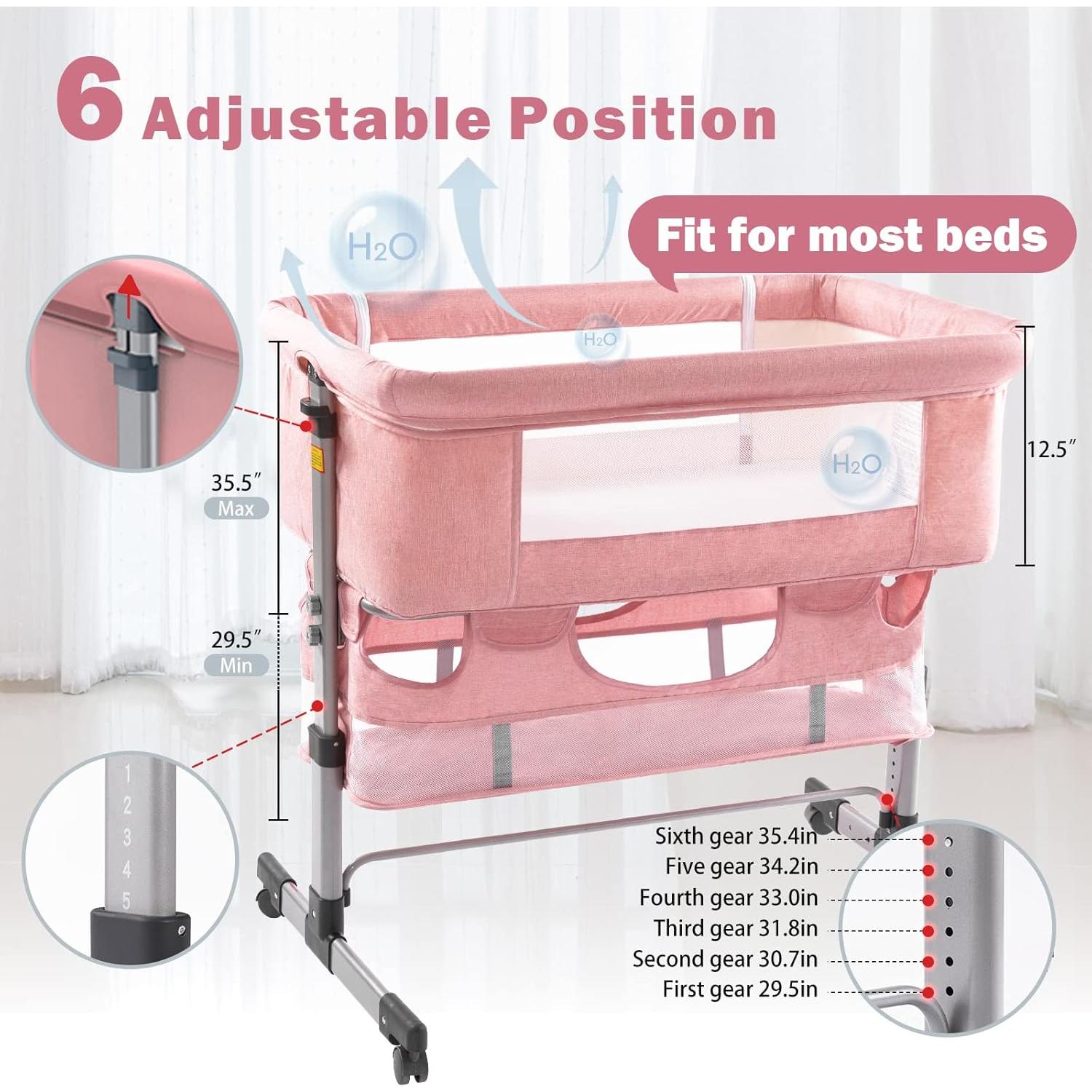 Cuna de Lado Ajustable Ihoming Rosa con Almacenamiento