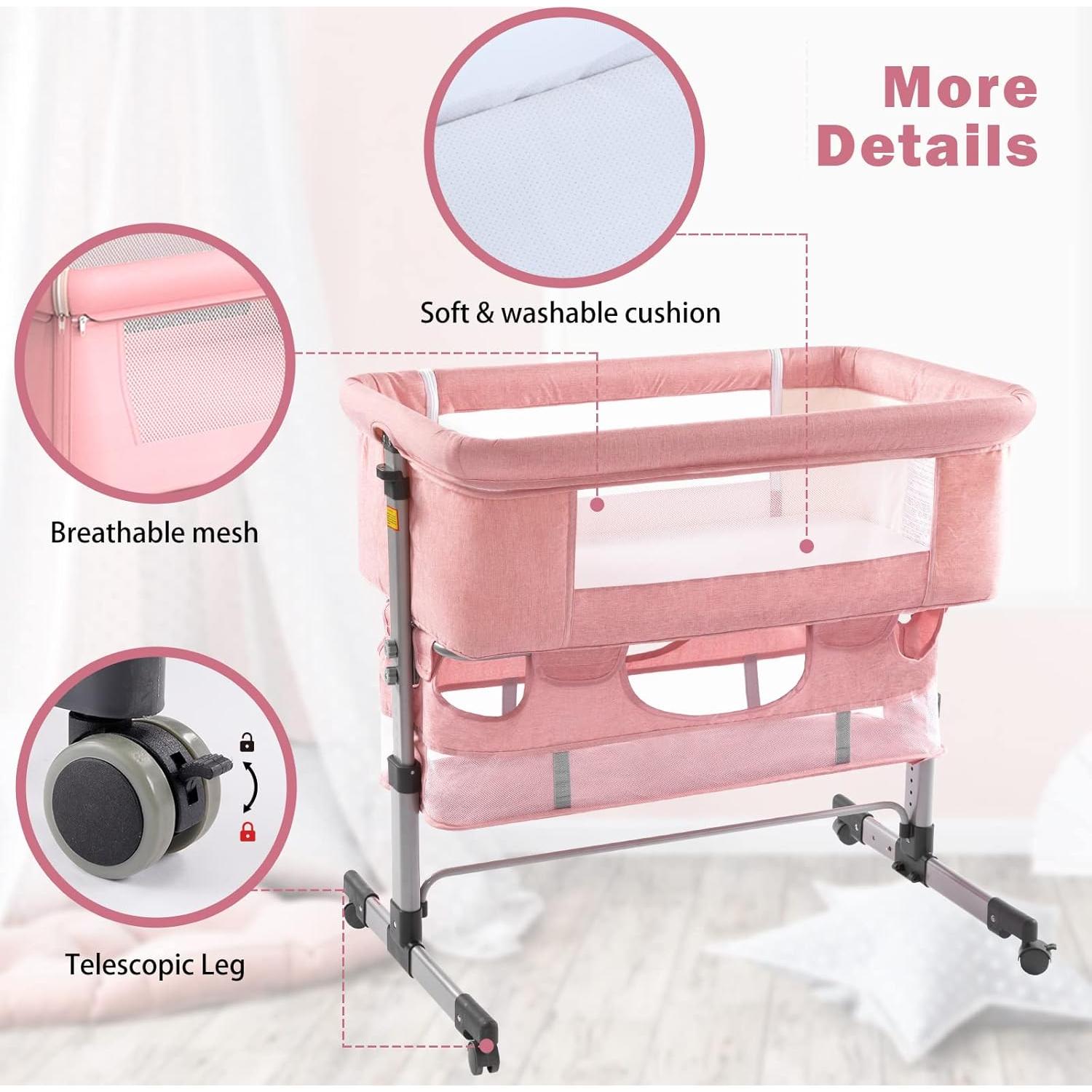 Cuna de Lado Ajustable Ihoming Rosa con Almacenamiento