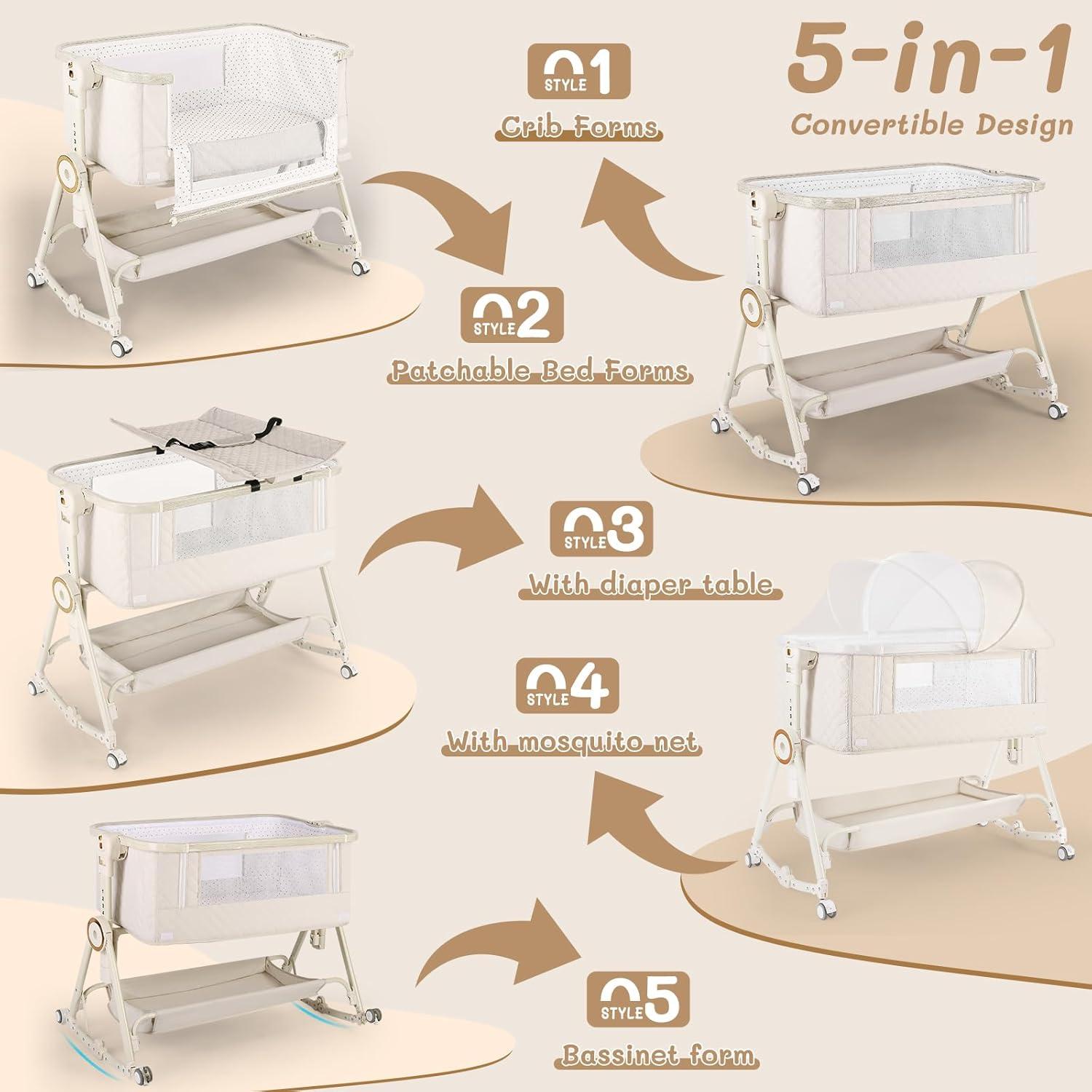 Cuna Lateral 5 en 1 FYYWBABY Beige con Mesa de Cambiar