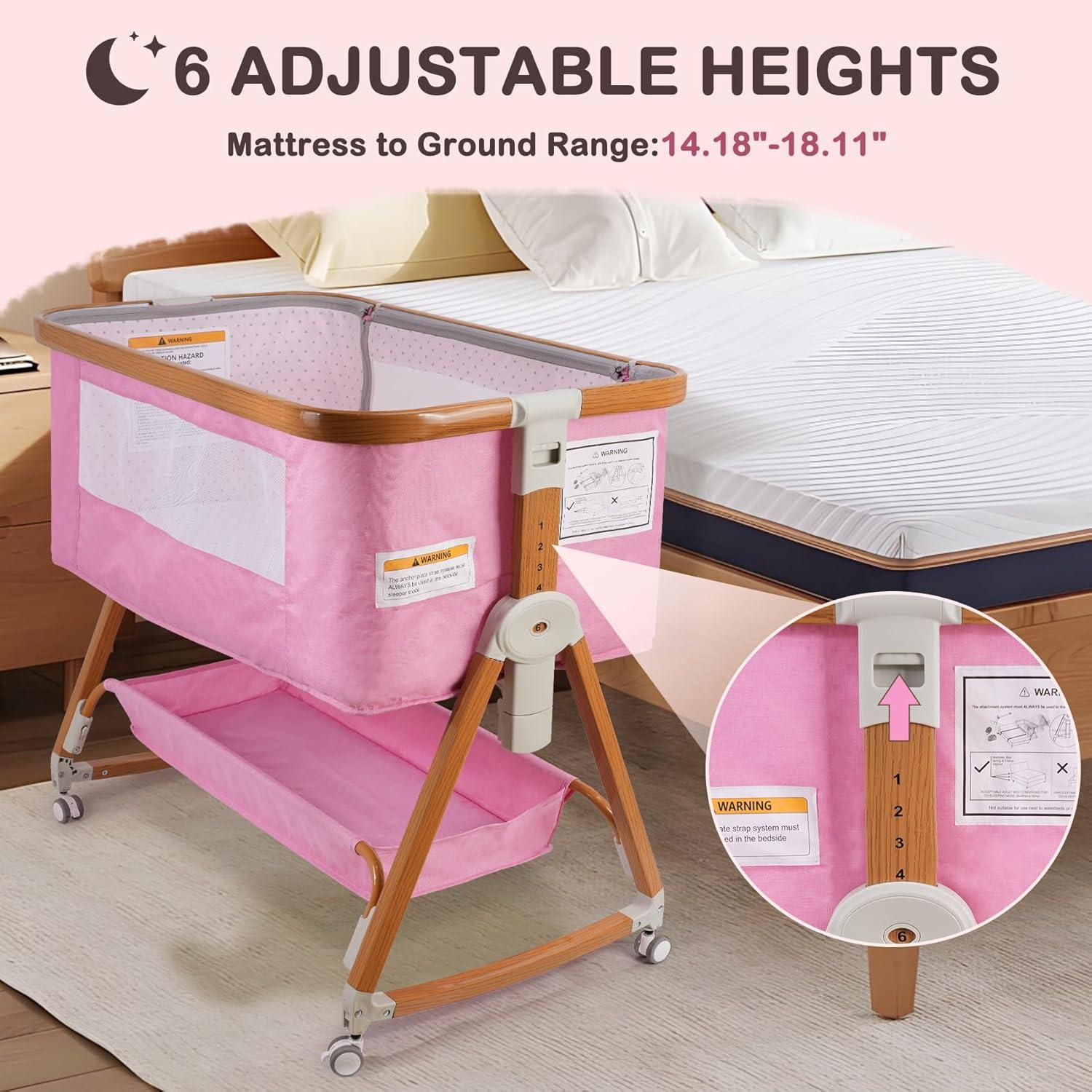 Cuna 4 en 1 BIERUM Rosa Ajustable 6 Alturas con Ruedas