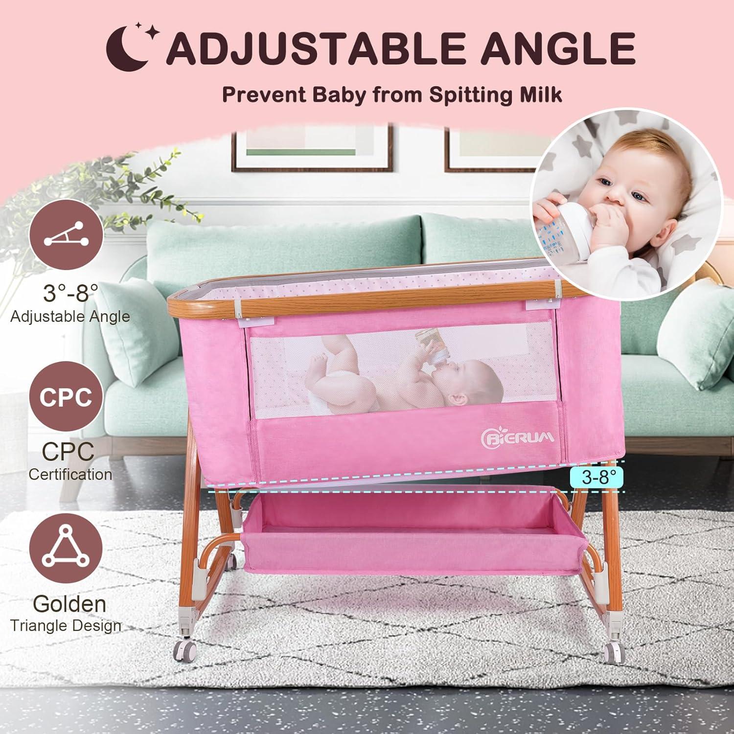 Cuna 4 en 1 BIERUM Rosa Ajustable 6 Alturas con Ruedas