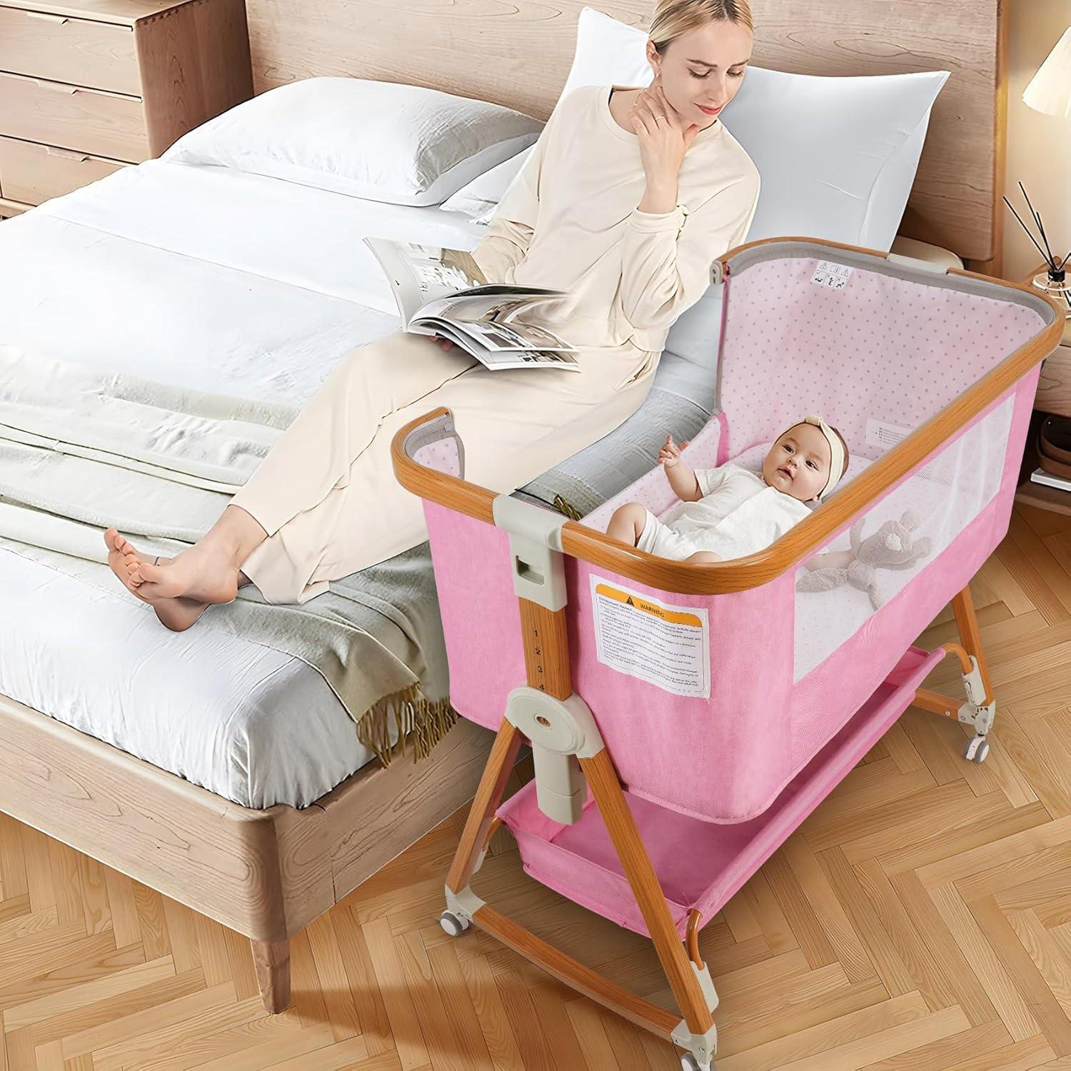 Cuna 4 en 1 BIERUM Rosa Ajustable 6 Alturas con Ruedas