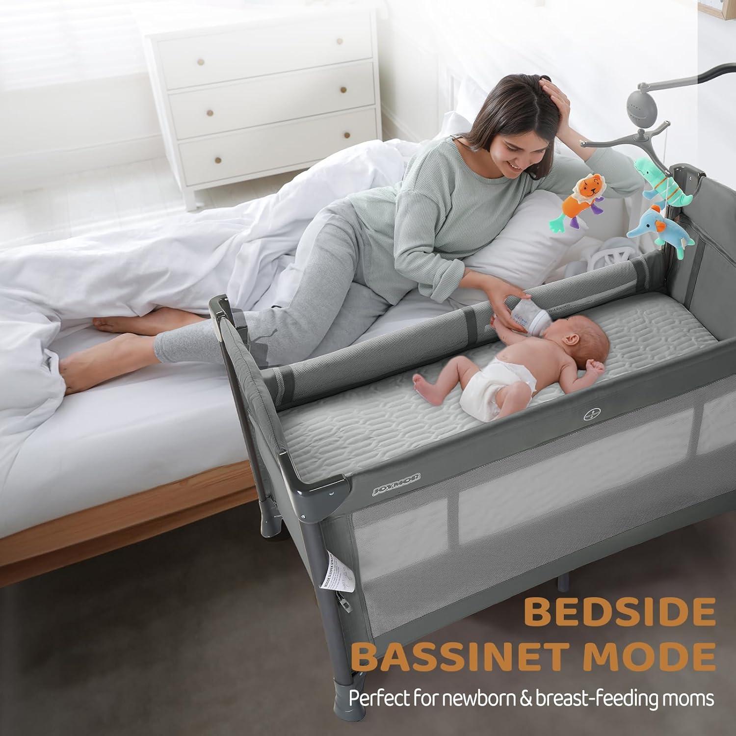 Cuna Pack and Play JOYMOR Gris 3 en 1 con Ruedas y Colchón