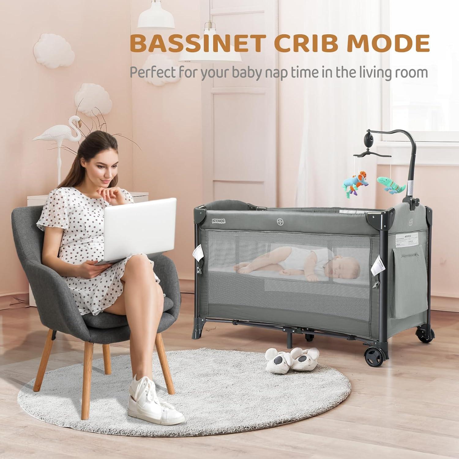 Cuna Pack and Play JOYMOR Gris 3 en 1 con Ruedas y Colchón