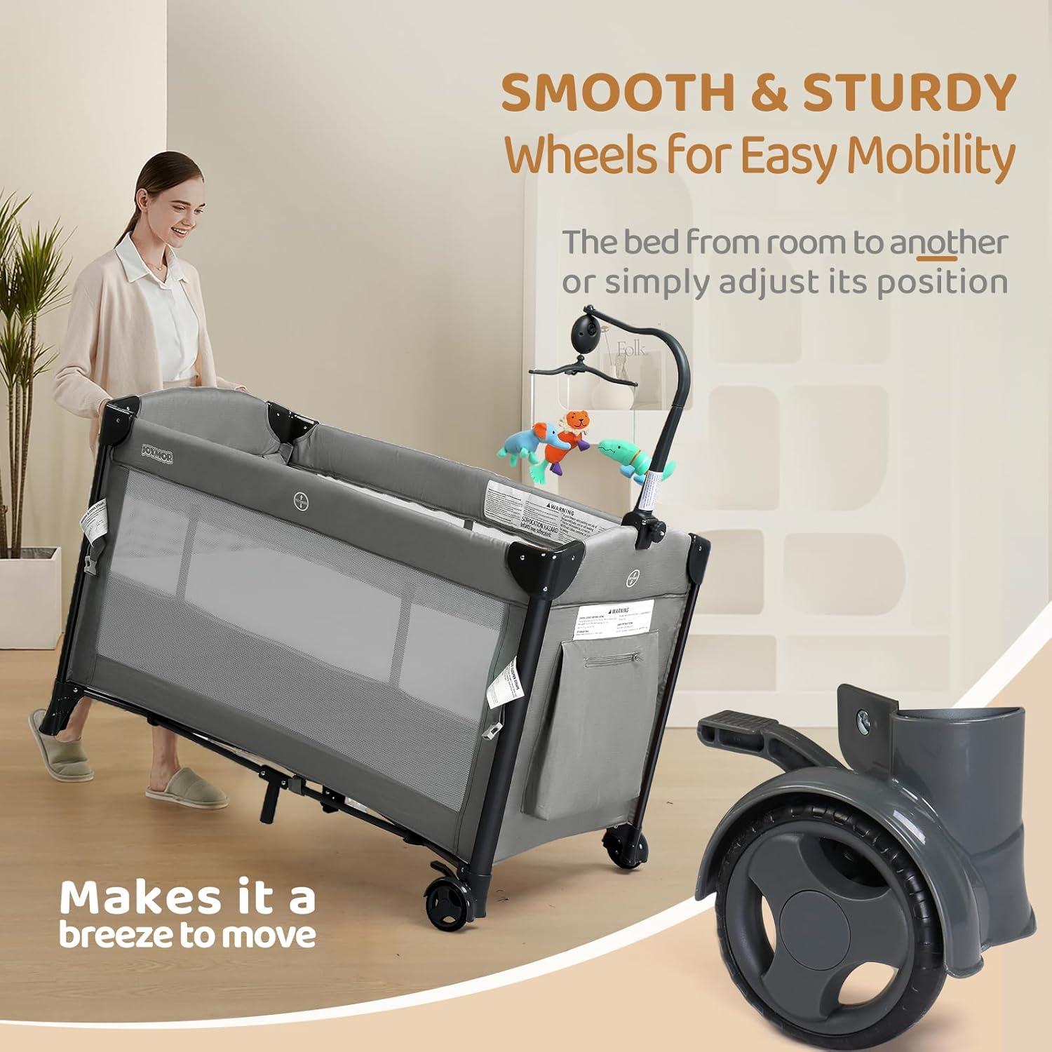 Cuna Pack and Play JOYMOR Gris 3 en 1 con Ruedas y Colchón