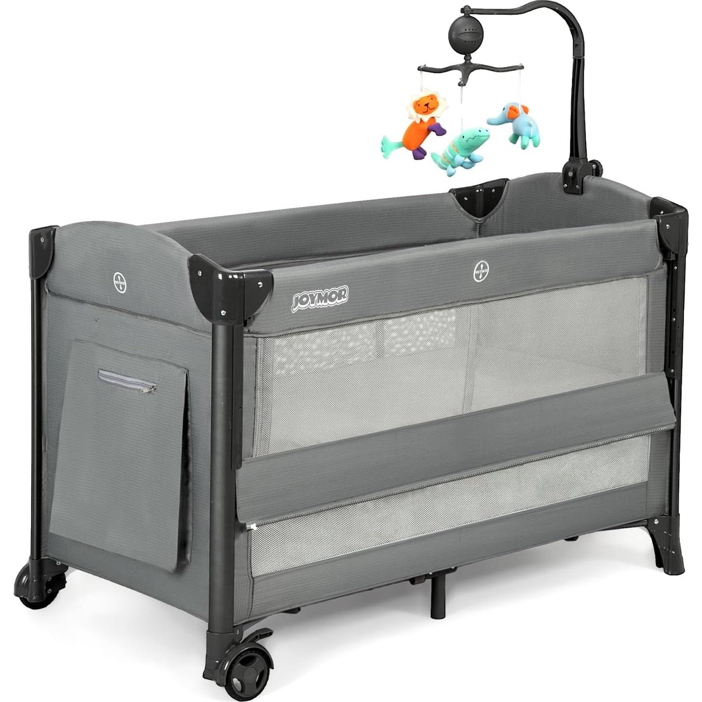 Cuna Pack and Play JOYMOR Gris 3 en 1 con Ruedas y Colchón