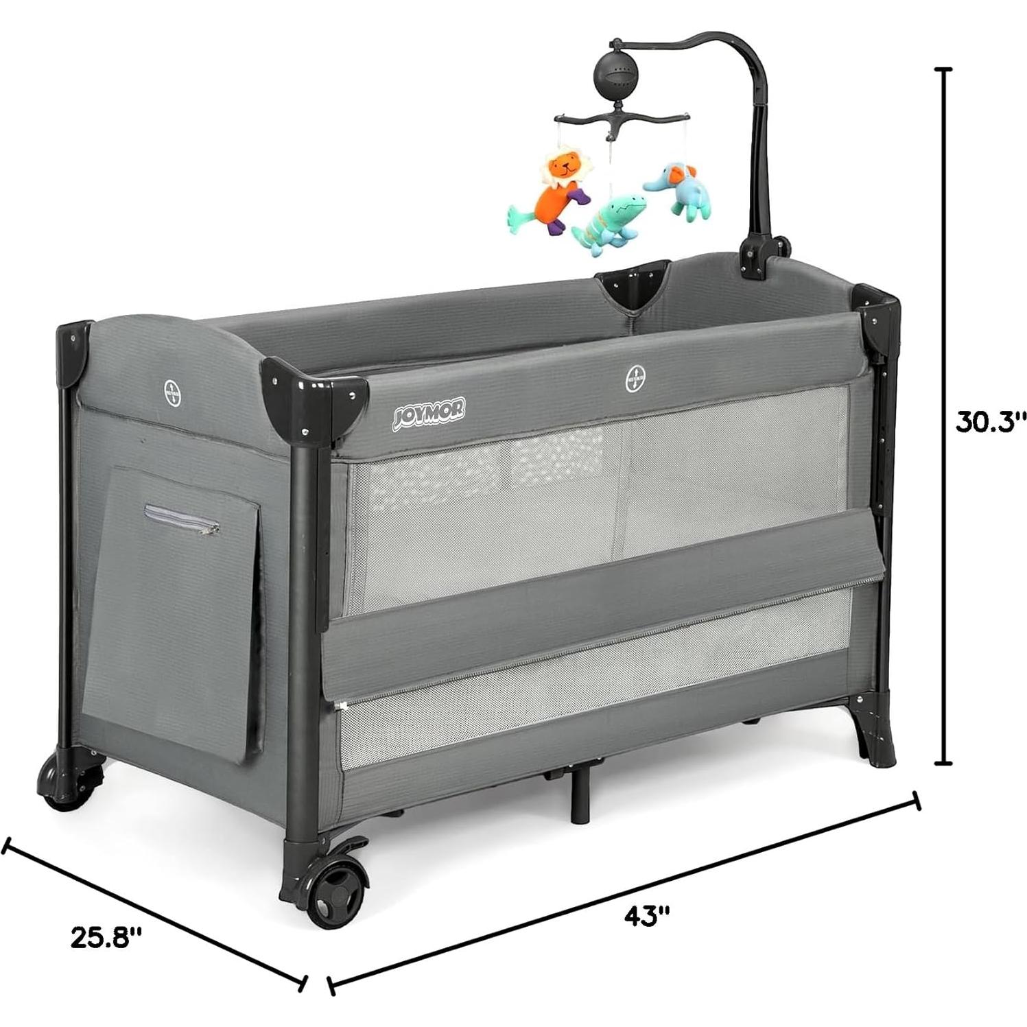 Cuna Pack and Play JOYMOR Gris 3 en 1 con Ruedas y Colchón