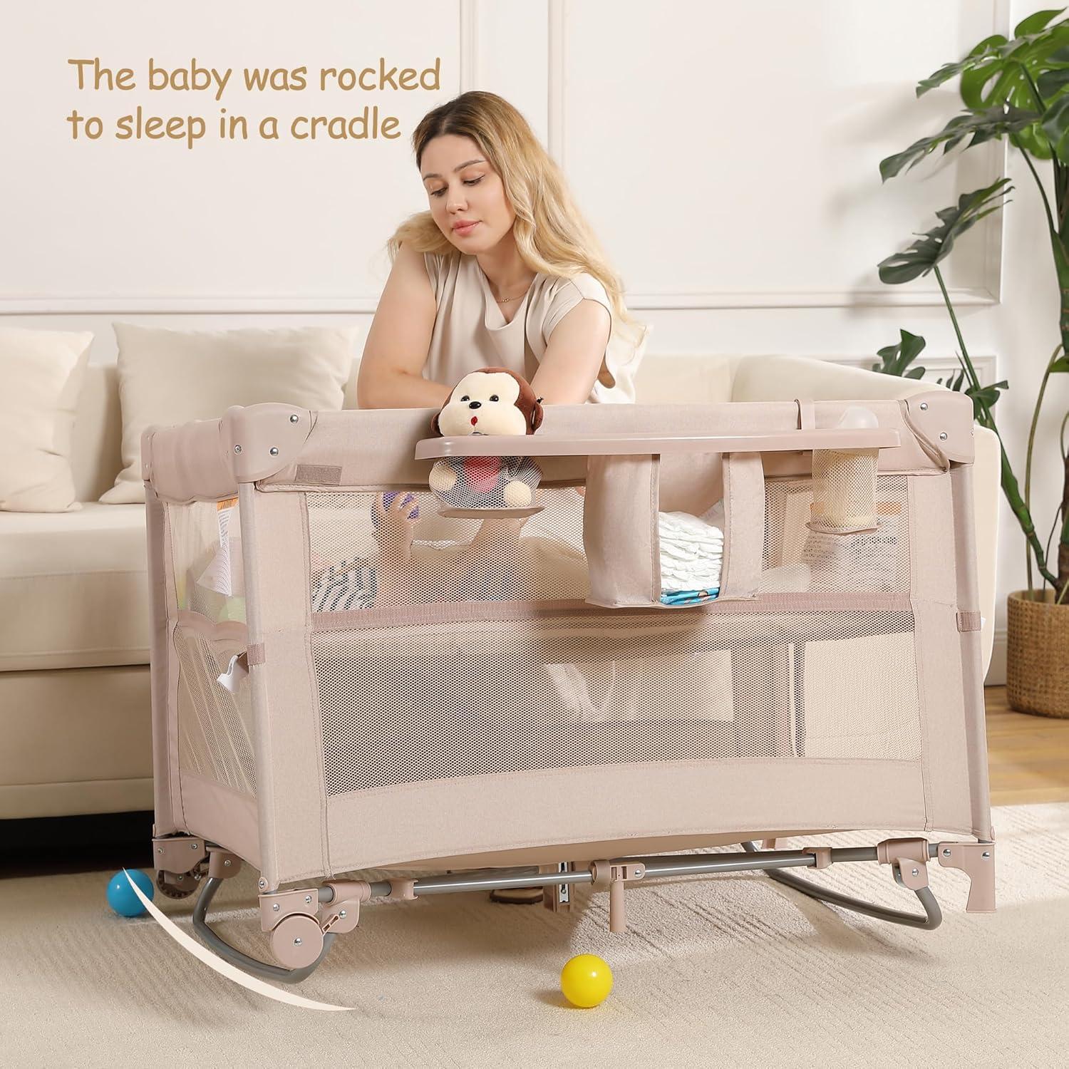 Cuna de Viaje 5 en 1 Jekeu, Parque Infantil Plegable Champán